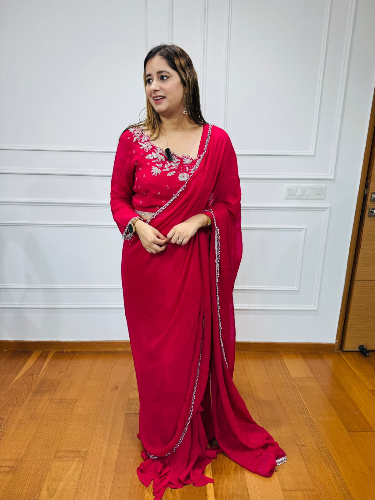 Vinni🌟 | Pink Designer Saree with Embroidered Blouse and Beadwork Borders