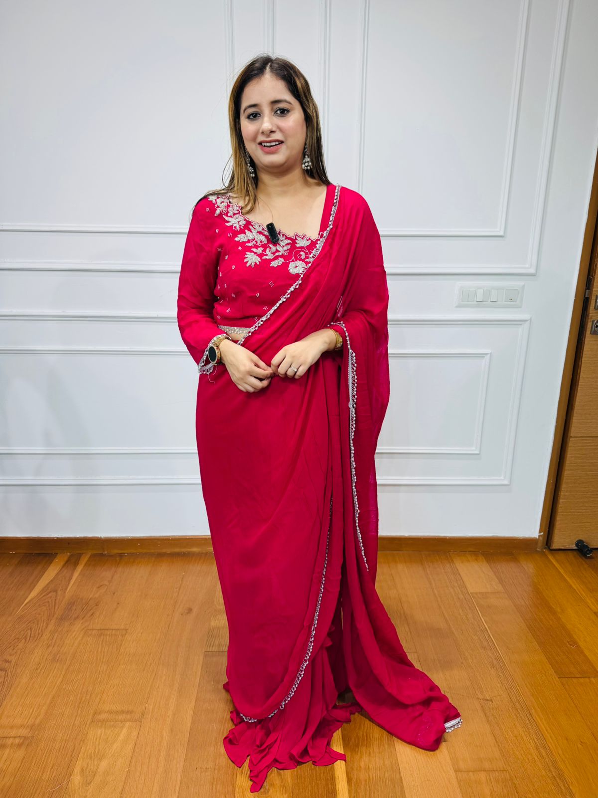 Vinni🌟 | Pink Designer Saree with Embroidered Blouse and Beadwork Borders