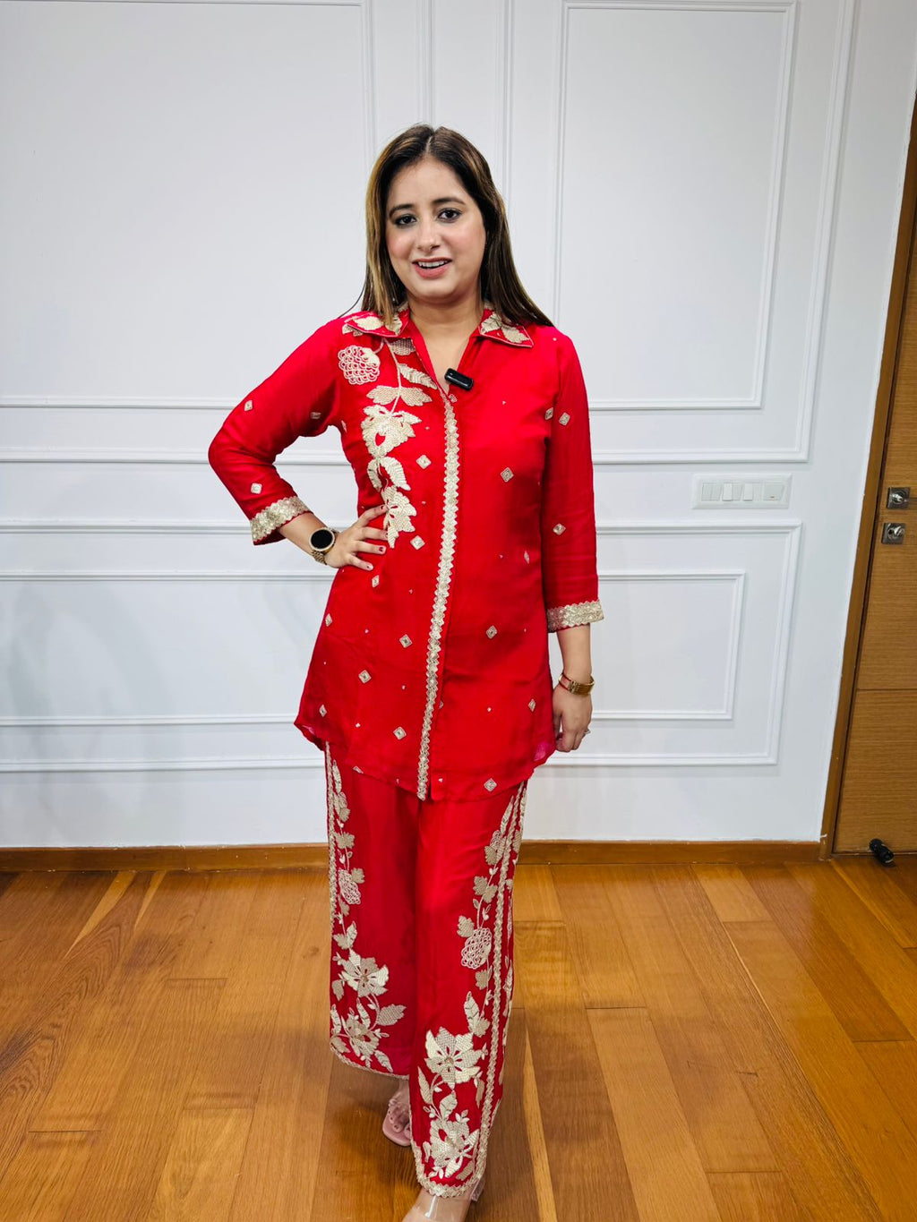 Ilana🌳 | Red Embroidered Shirt Palazzo Set with Golden Floral Motifs