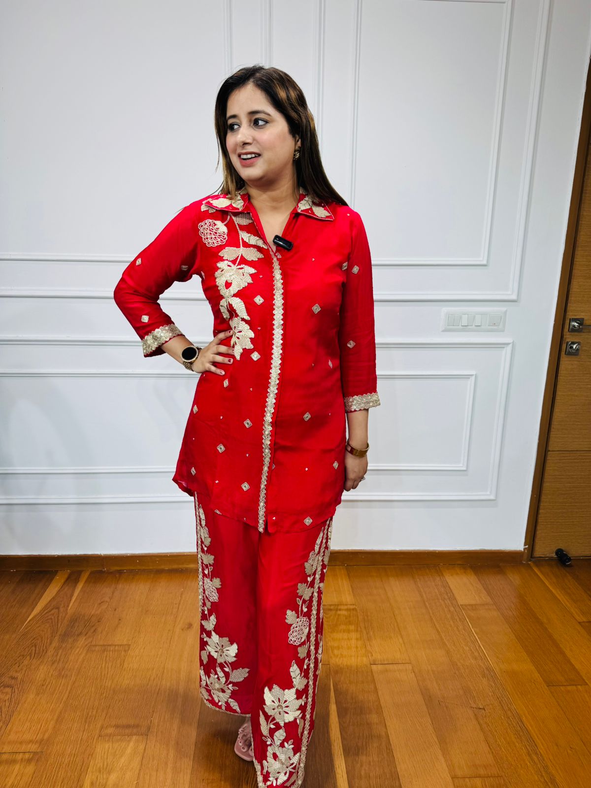 Ilana🌳 | Red Embroidered Shirt Palazzo Set with Golden Floral Motifs