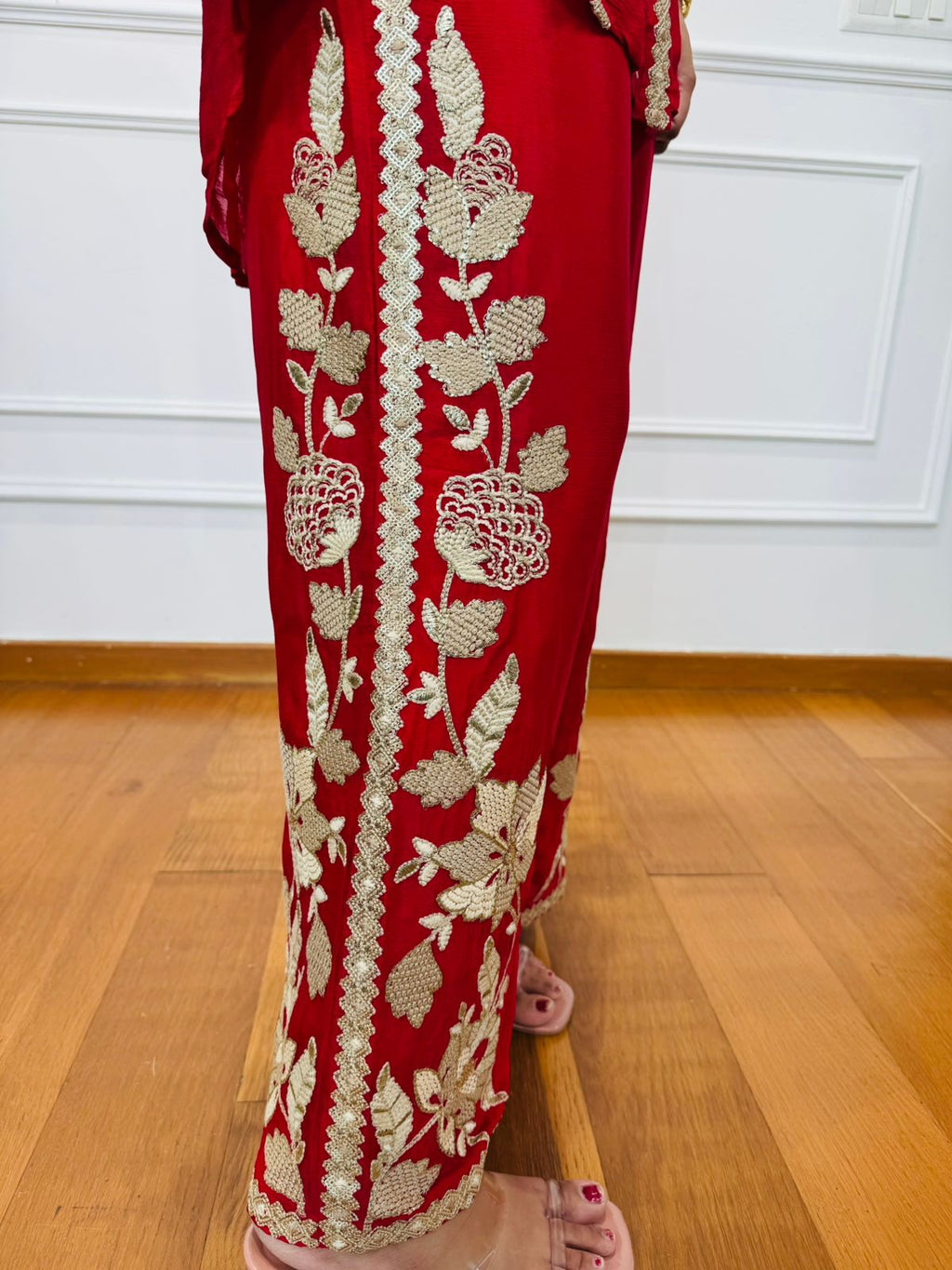 Ilana🌳 | Red Embroidered Shirt Palazzo Set with Golden Floral Motifs