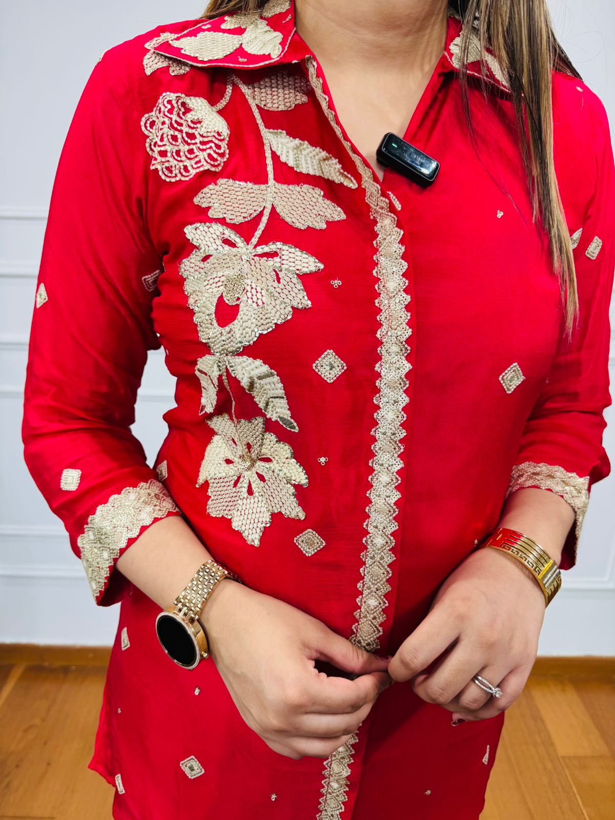 Ilana🌳 | Red Embroidered Shirt Palazzo Set with Golden Floral Motifs