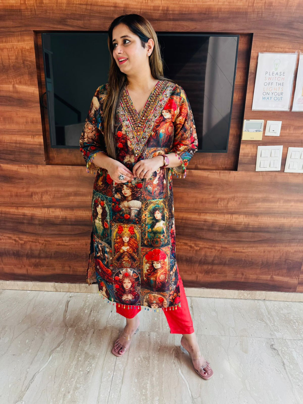 Charmi🌟 | Red Festive Print Kurta with Embellished Neckline & Red Pants