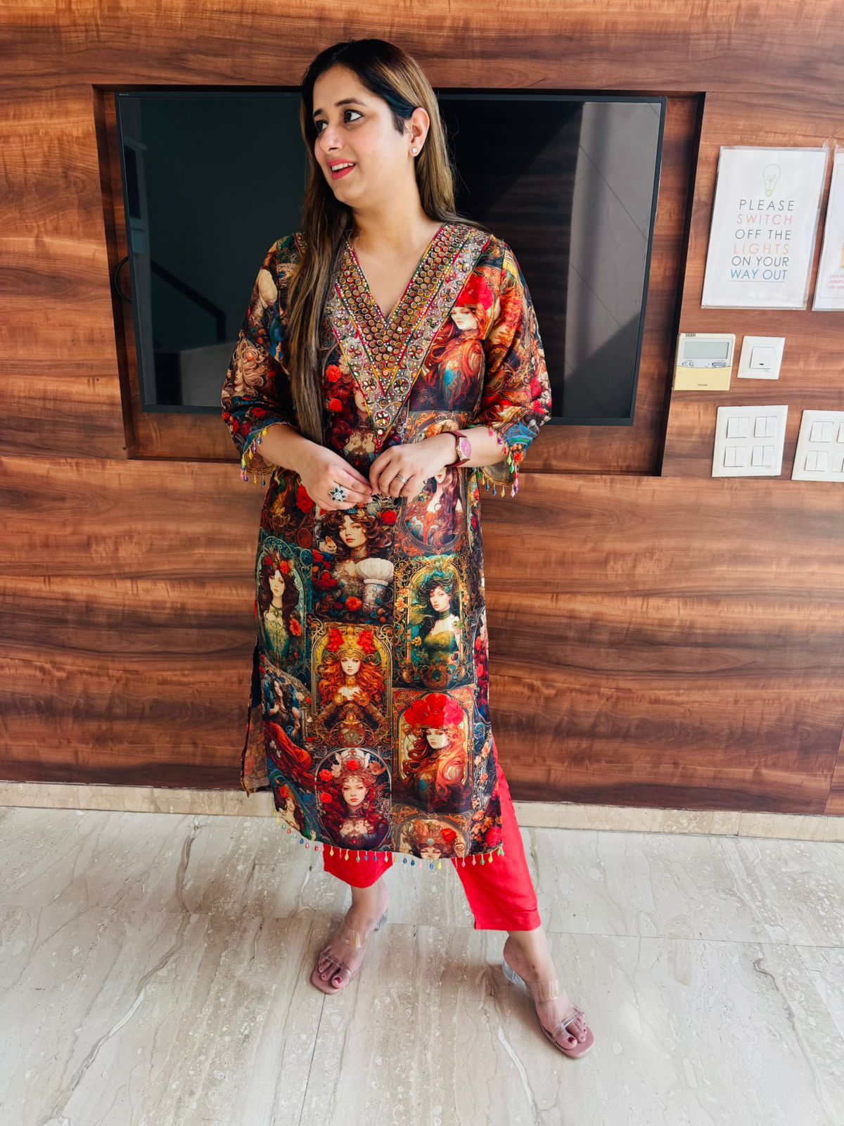 Charmi🌟 | Red Festive Print Kurta with Embellished Neckline & Red Pants