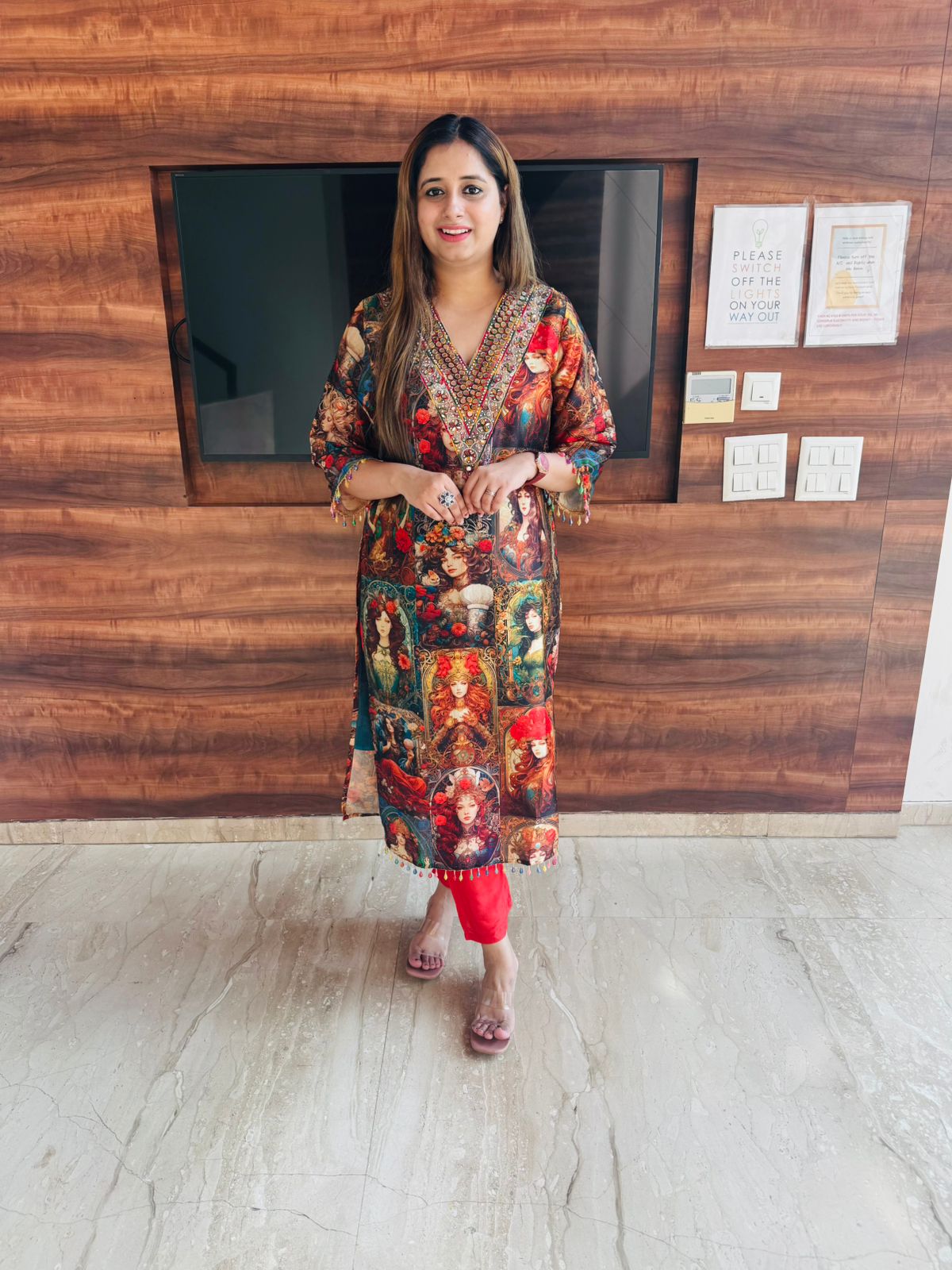 Charmi🌟 | Red Festive Print Kurta with Embellished Neckline & Red Pants