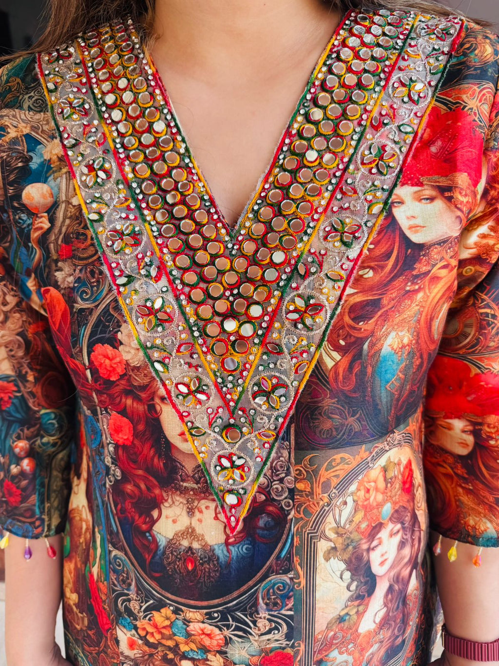 Charmi🌟 | Red Festive Print Kurta with Embellished Neckline & Red Pants