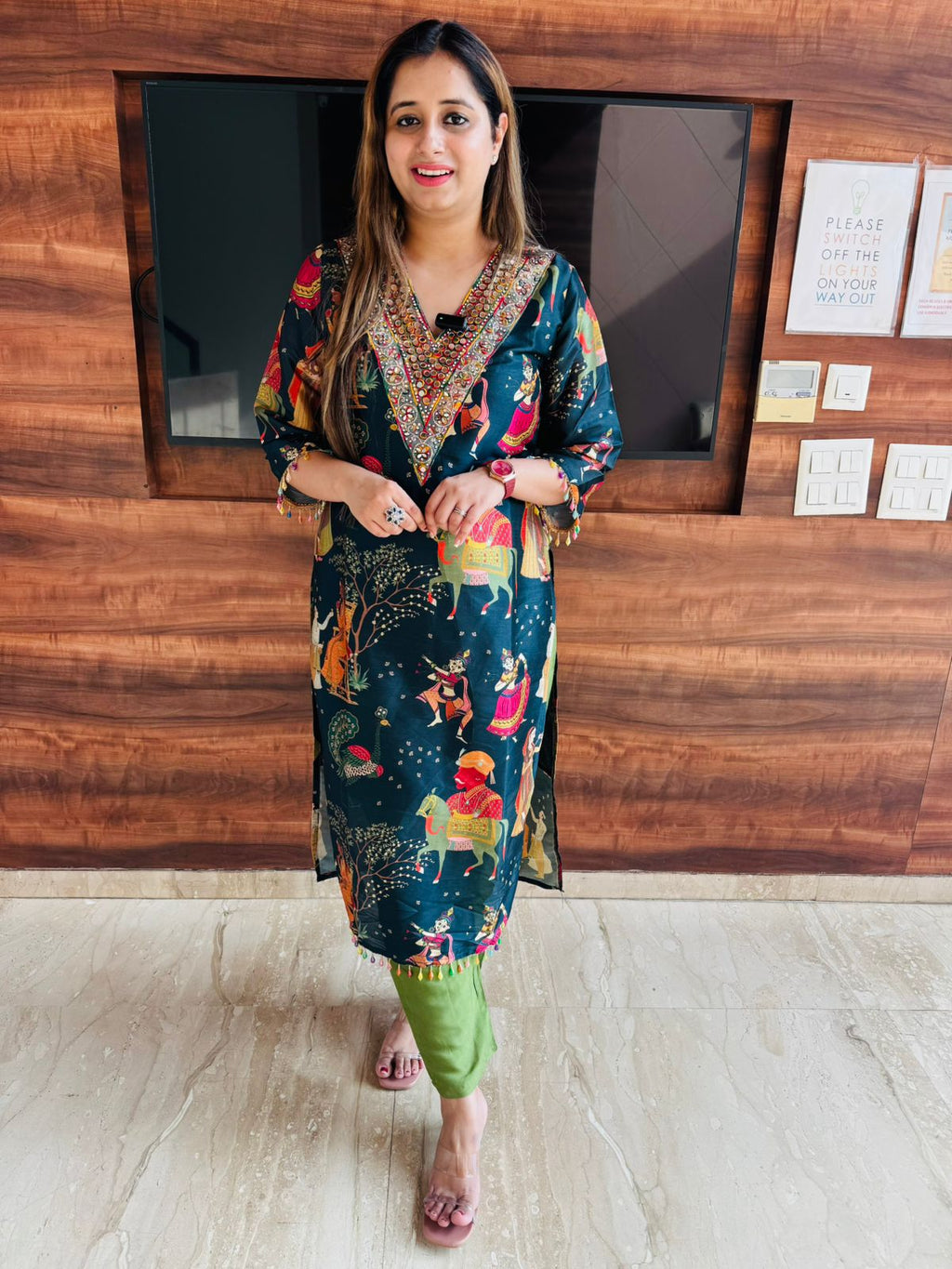 Charmi🌟 | Navy Blue Festive Print Kurta with Embellished Neckline & Green Pants