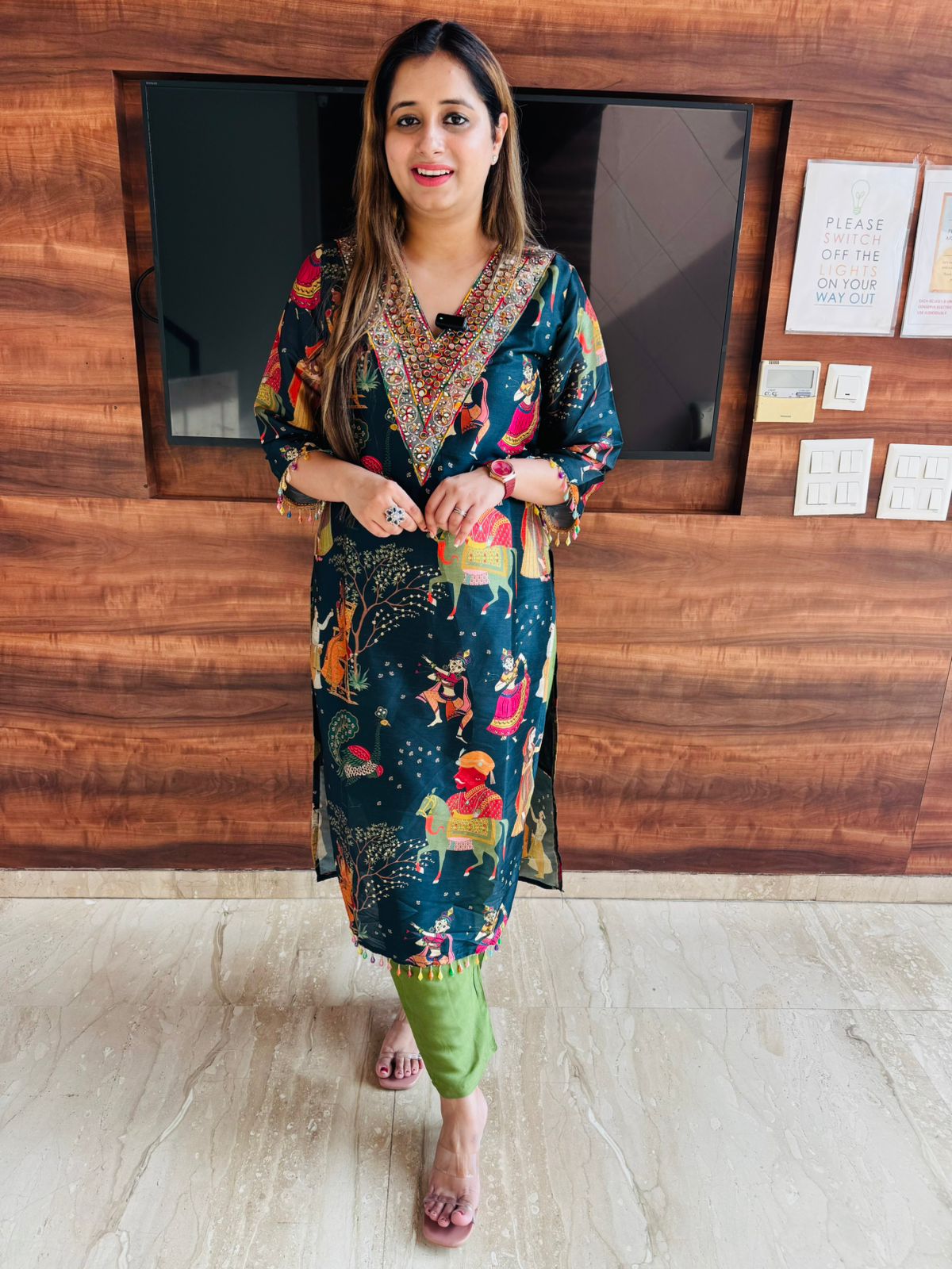 Charmi🌟 | Navy Blue Festive Print Kurta with Embellished Neckline & Green Pants