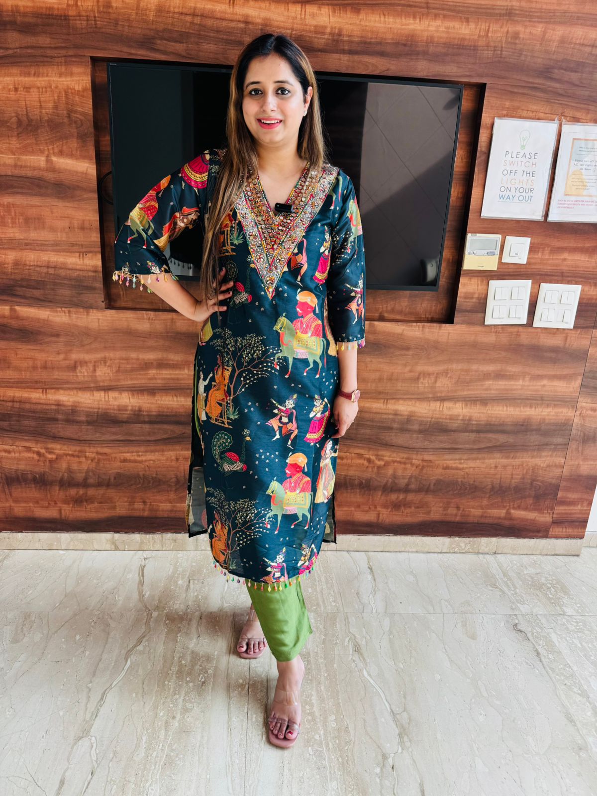 Charmi🌟 | Navy Blue Festive Print Kurta with Embellished Neckline & Green Pants