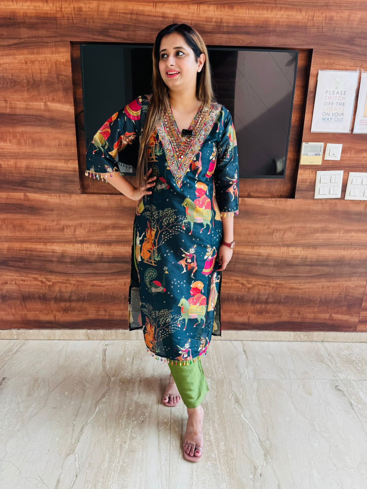 Charmi🌟 | Navy Blue Festive Print Kurta with Embellished Neckline & Green Pants