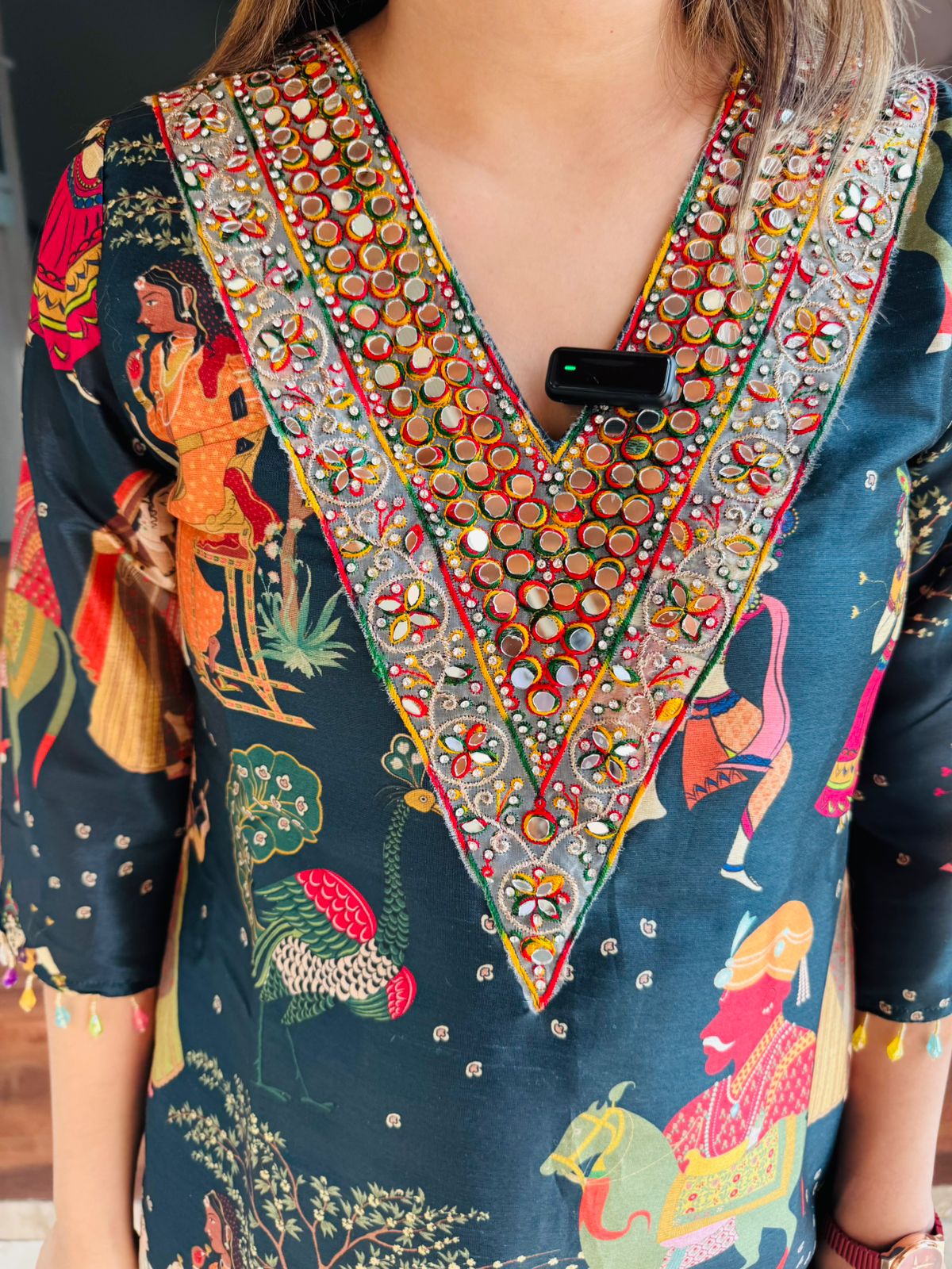 Charmi🌟 | Navy Blue Festive Print Kurta with Embellished Neckline & Green Pants