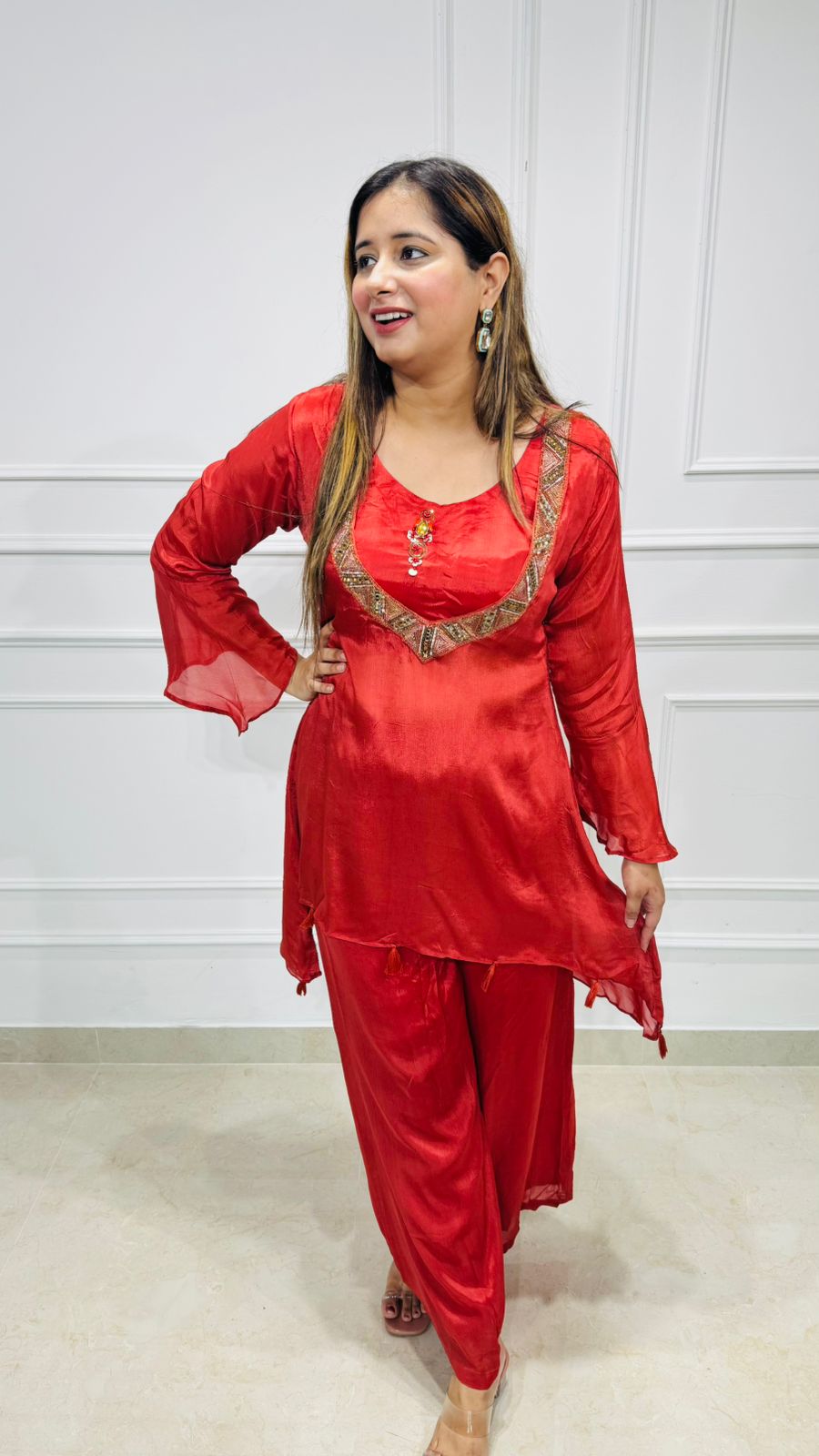 Chehak🌸 | Red Shimmer Coordset with Embroidered Neckline and Flare Sleeves