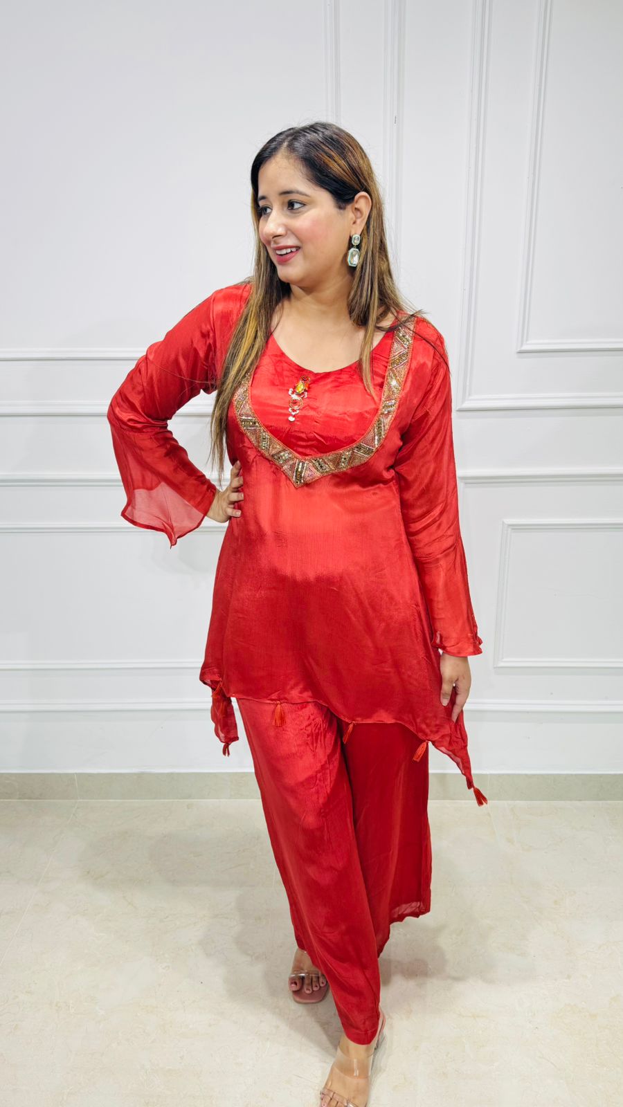 Chehak🌸 | Red Shimmer Coordset with Embroidered Neckline and Flare Sleeves