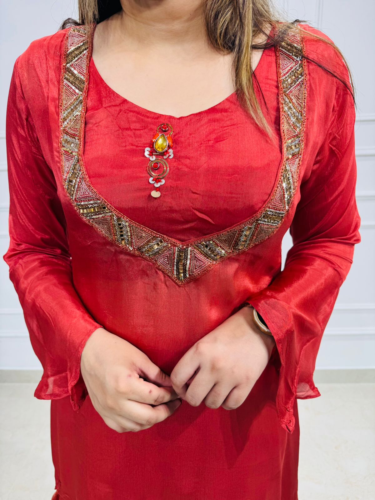 Chehak🌸 | Red Shimmer Coordset with Embroidered Neckline and Flare Sleeves