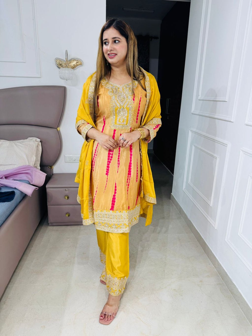 Sehak✨ | Golden Yellow Bandhej Suit Set with Brocade Border Dupatta