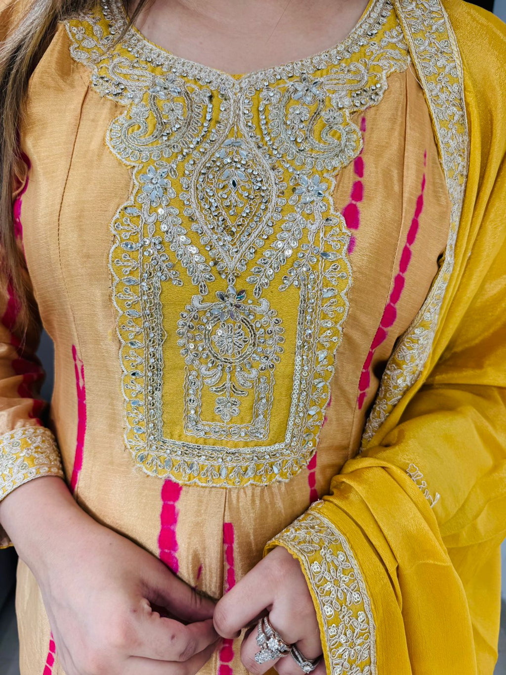 Sehak✨ | Golden Yellow Bandhej Suit Set with Brocade Border Dupatta