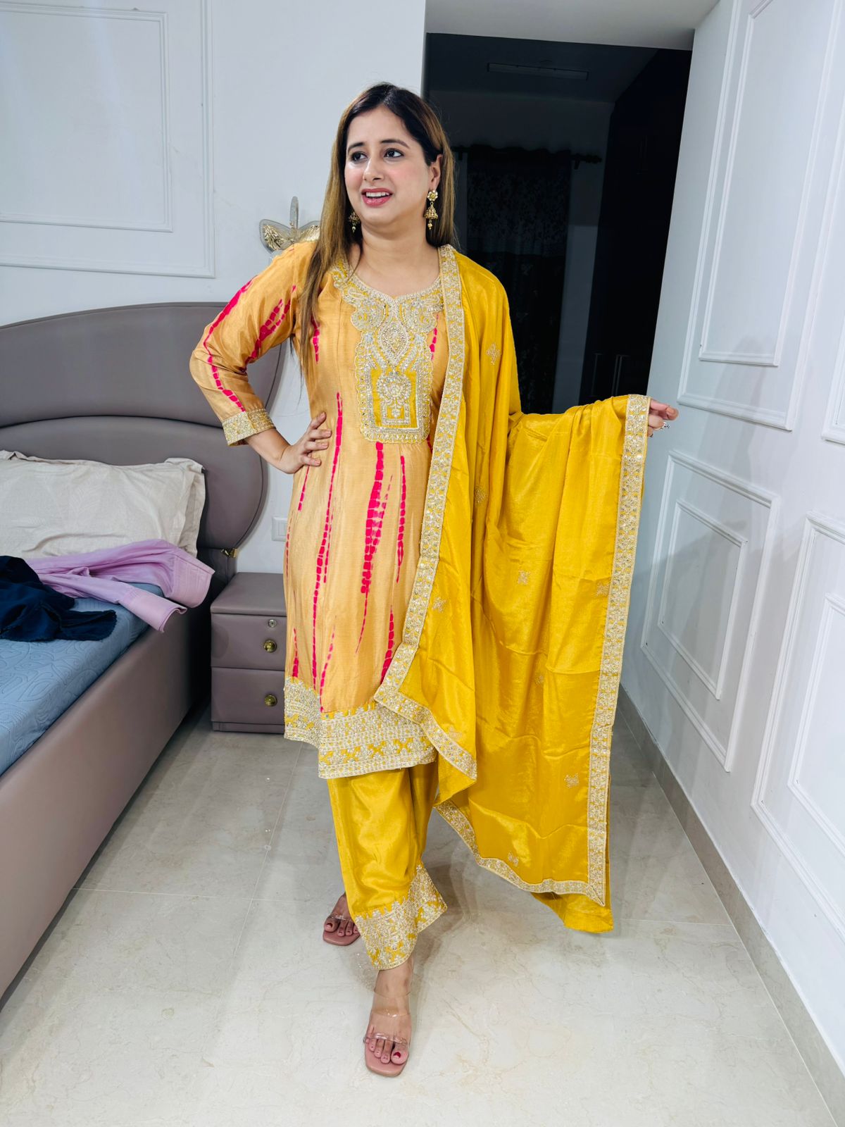 Sehak✨ | Golden Yellow Bandhej Suit Set with Brocade Border Dupatta