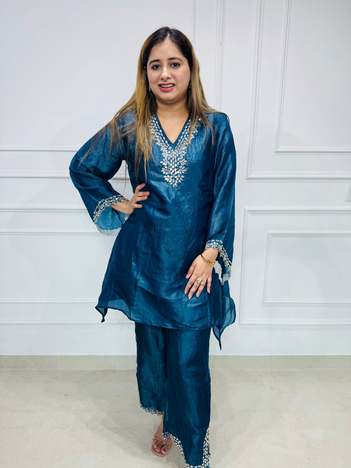 Junee✨ | Navy Teal Embroidered Silk Kurta & Pants with Pearl Work