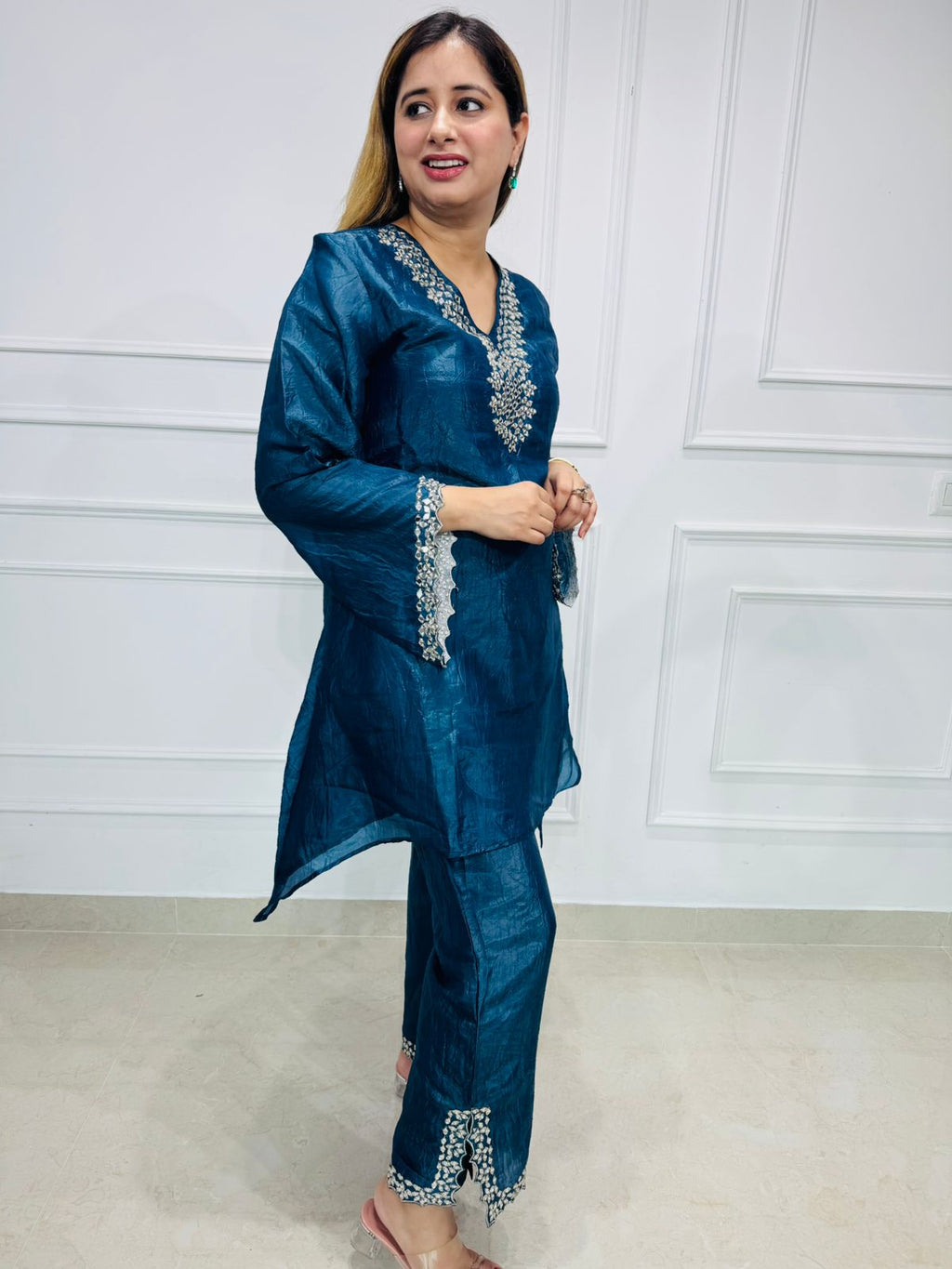 Junee✨ | Navy Teal Embroidered Silk Kurta & Pants with Pearl Work