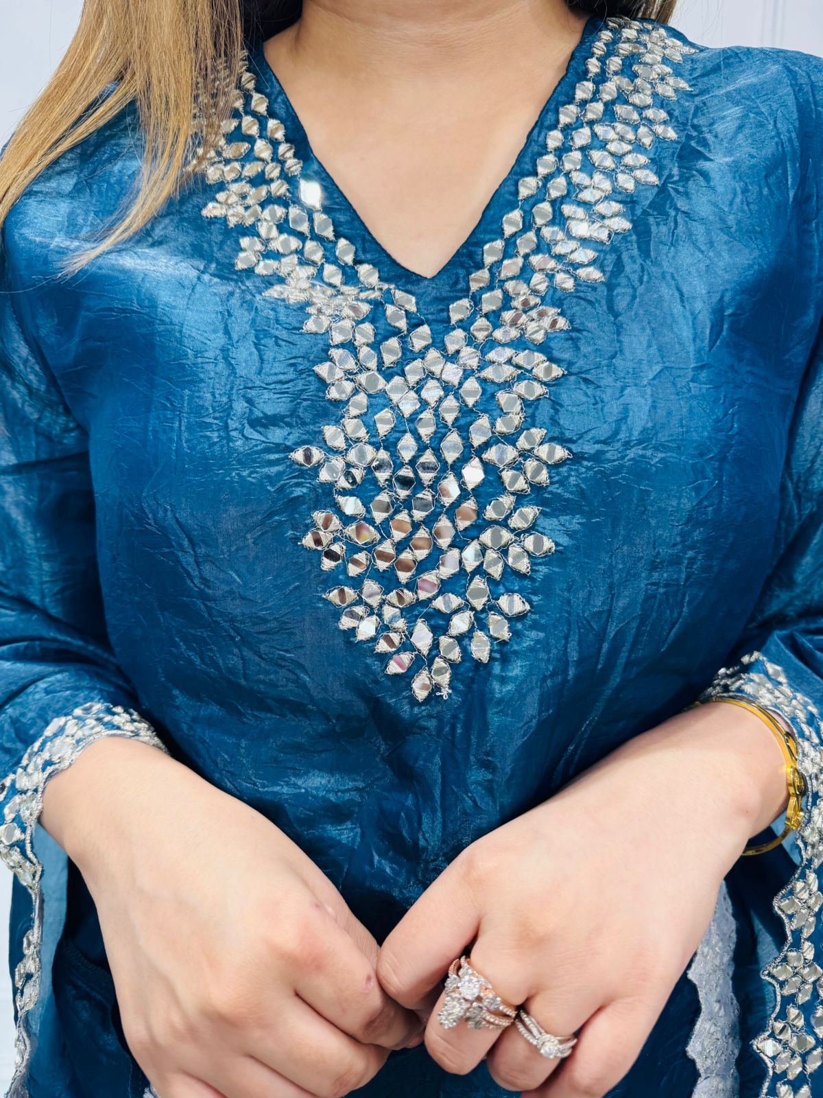 Junee✨ | Navy Teal Embroidered Silk Kurta & Pants with Pearl Work