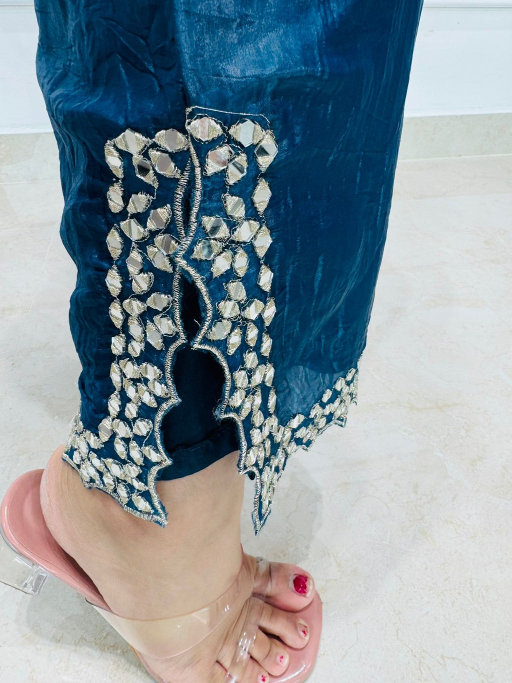 Junee✨ | Navy Teal Embroidered Silk Kurta & Pants with Pearl Work