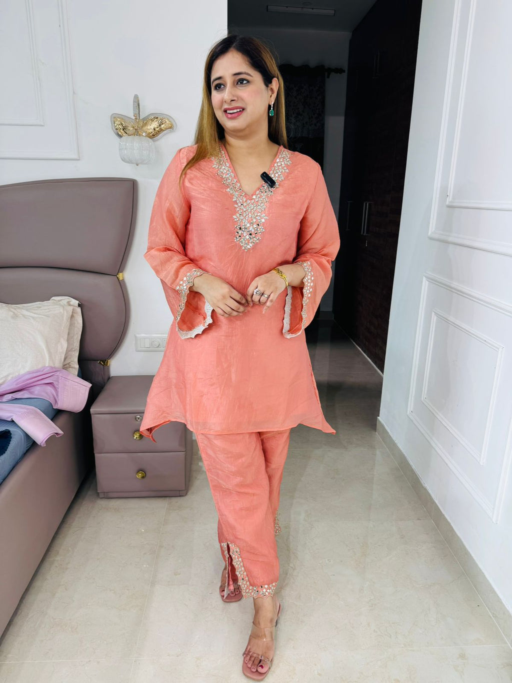 Junee✨ | Soft Peach Kurta Pant Set with Embellished Neckline & Bell Sleeves