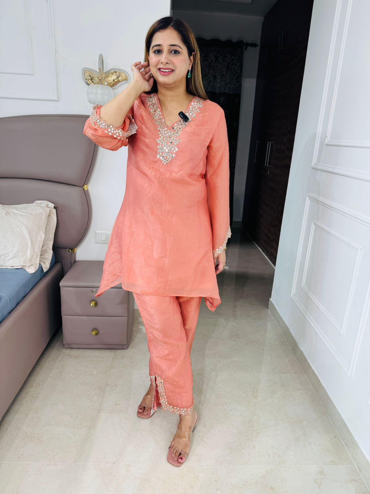 Junee✨ | Soft Peach Kurta Pant Set with Embellished Neckline & Bell Sleeves