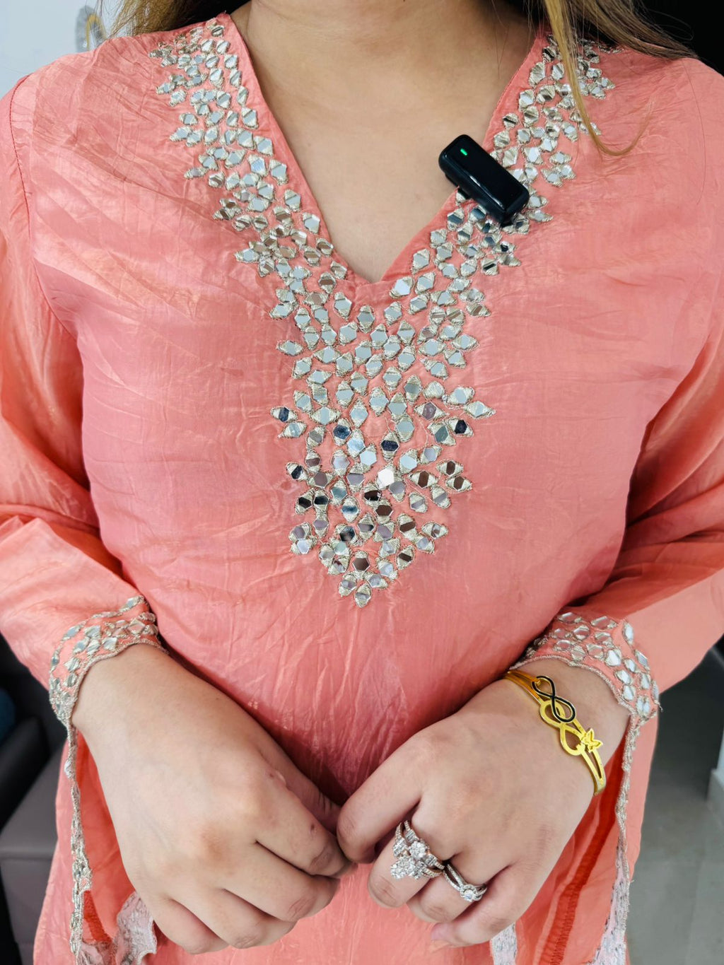 Junee✨ | Soft Peach Kurta Pant Set with Embellished Neckline & Bell Sleeves