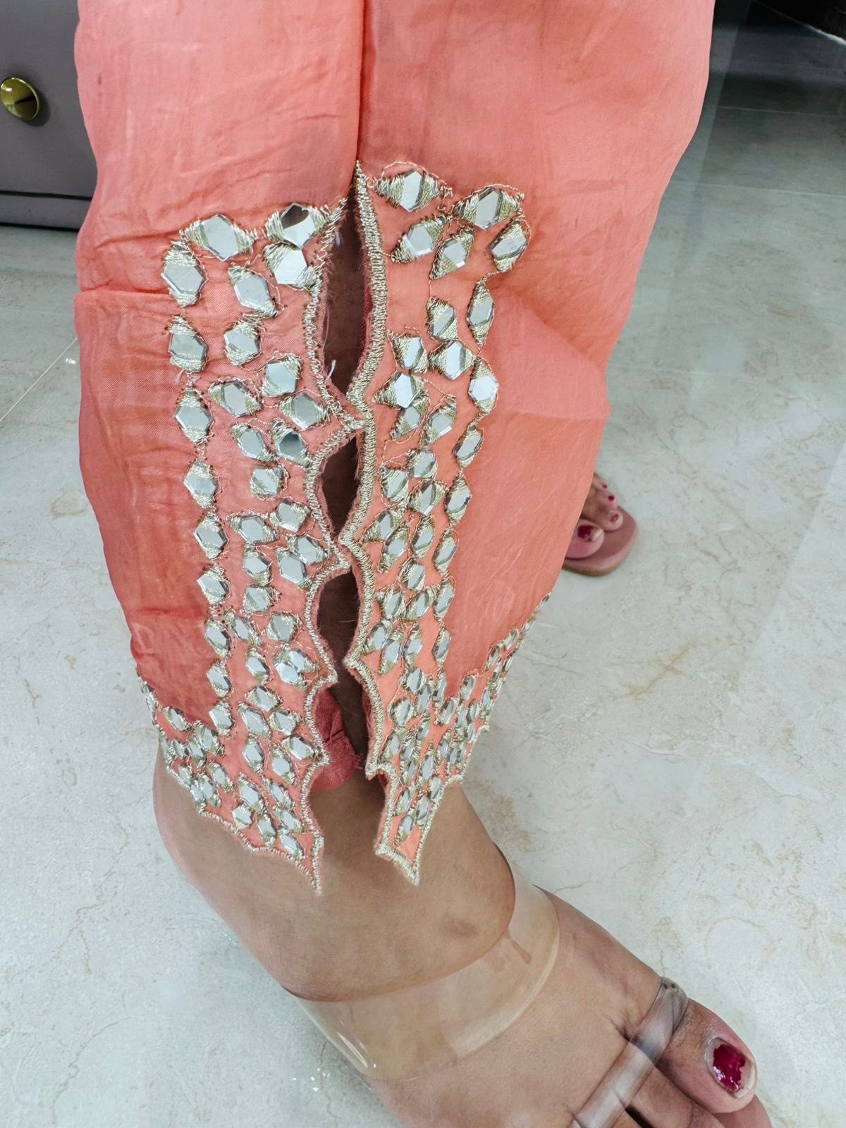 Junee✨ | Soft Peach Kurta Pant Set with Embellished Neckline & Bell Sleeves