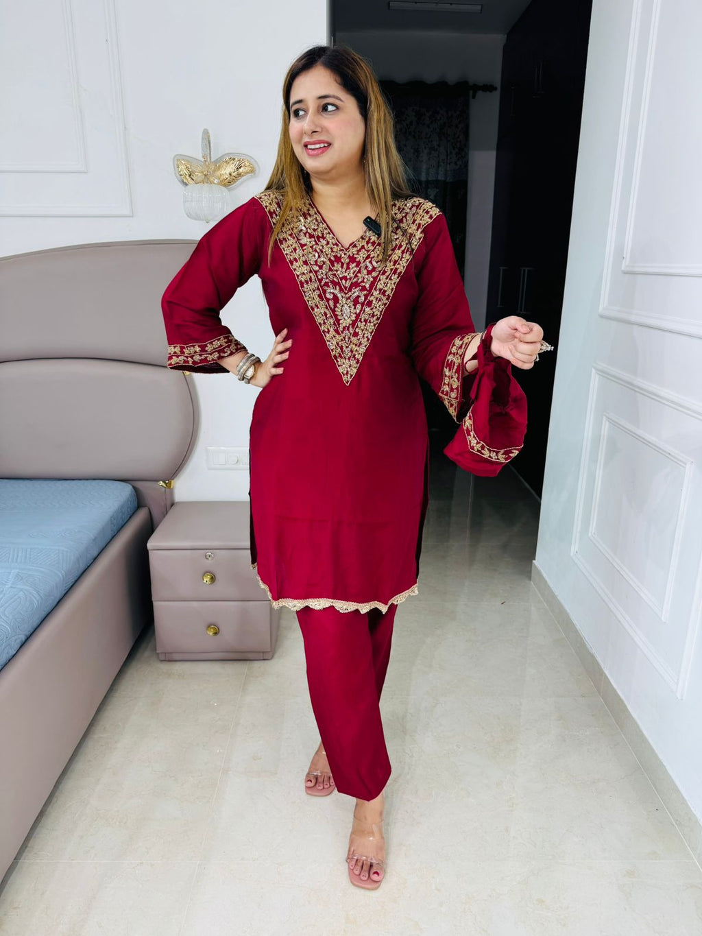 Sameera🦋 | Elegant Maroon Suit Set with Embroidered Neck & Flared Sleeves