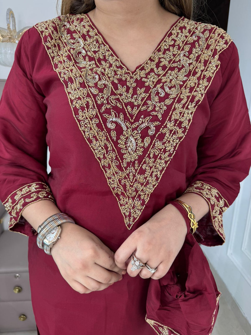 Sameera🦋 | Elegant Maroon Suit Set with Embroidered Neck & Flared Sleeves
