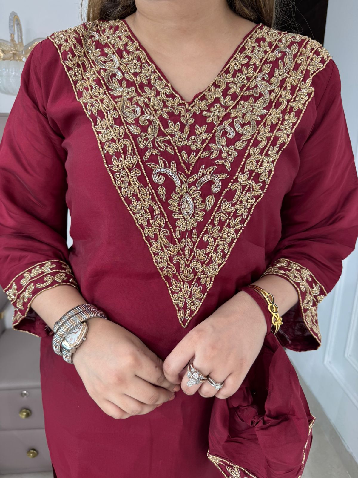 Sameera🦋 | Elegant Maroon Suit Set with Embroidered Neck & Flared Sleeves