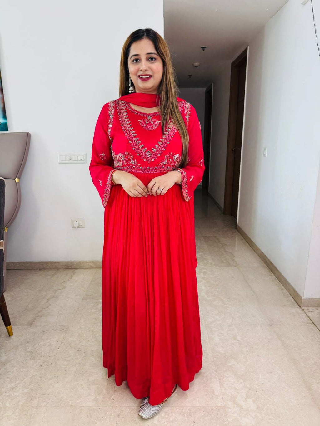 Nistha🌸 | Festive Red Floor-Length Anarkali with Heavy Embroidery