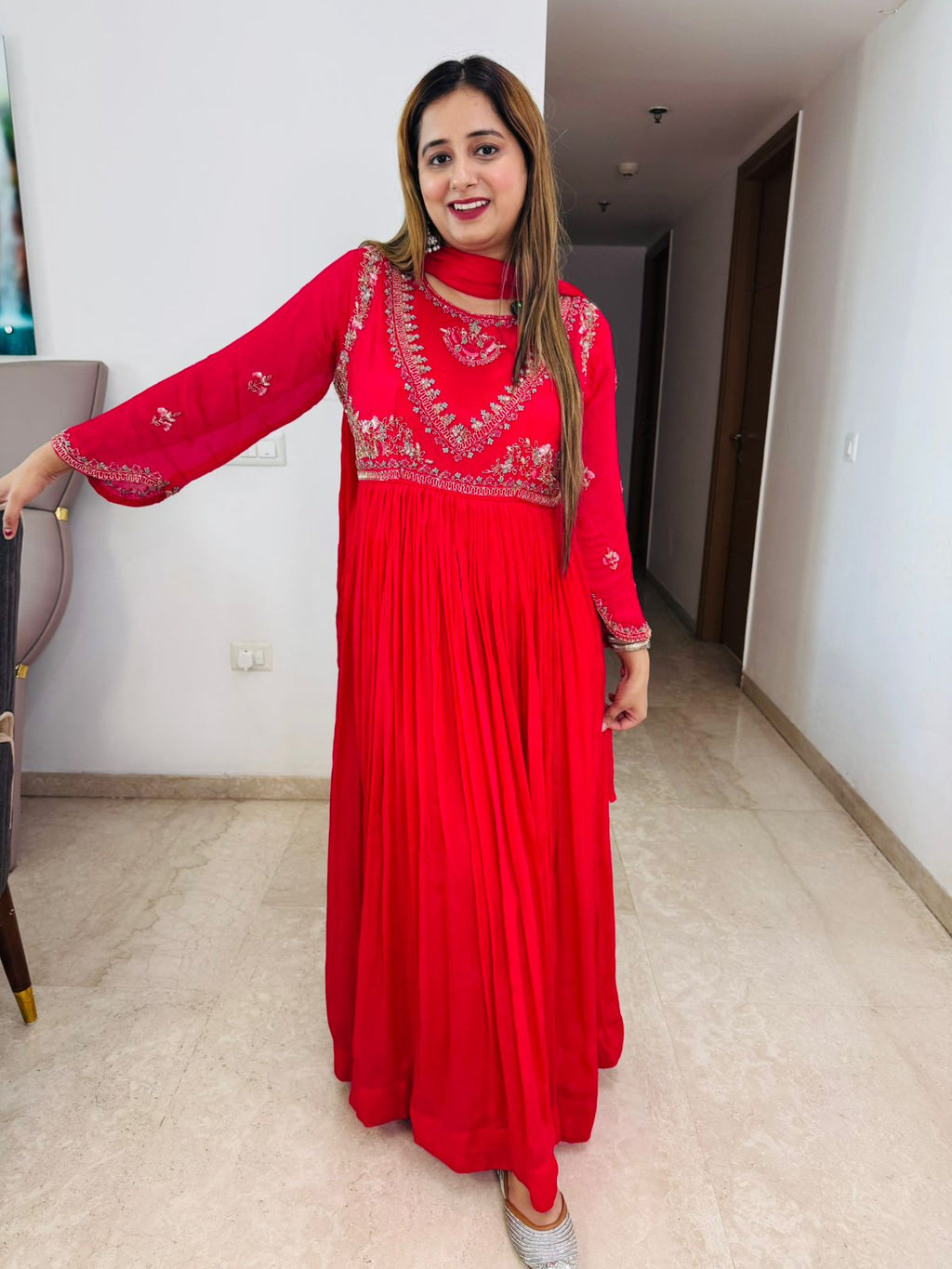 Nistha🌸 | Festive Red Floor-Length Anarkali with Heavy Embroidery