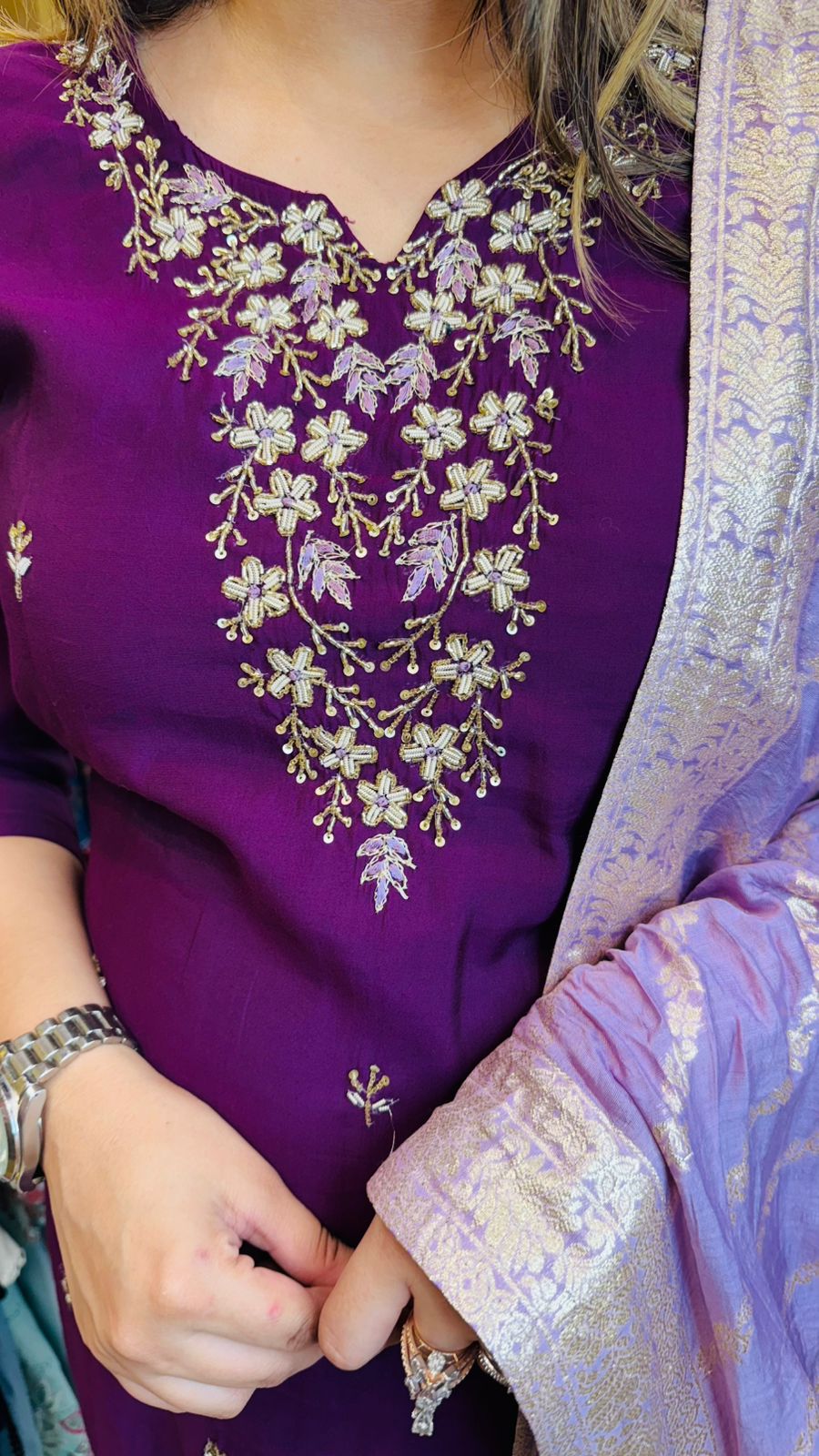 Ashika🧿 | Royal Purple Kurta Set with Golden Thread Embroidery & Dupatta