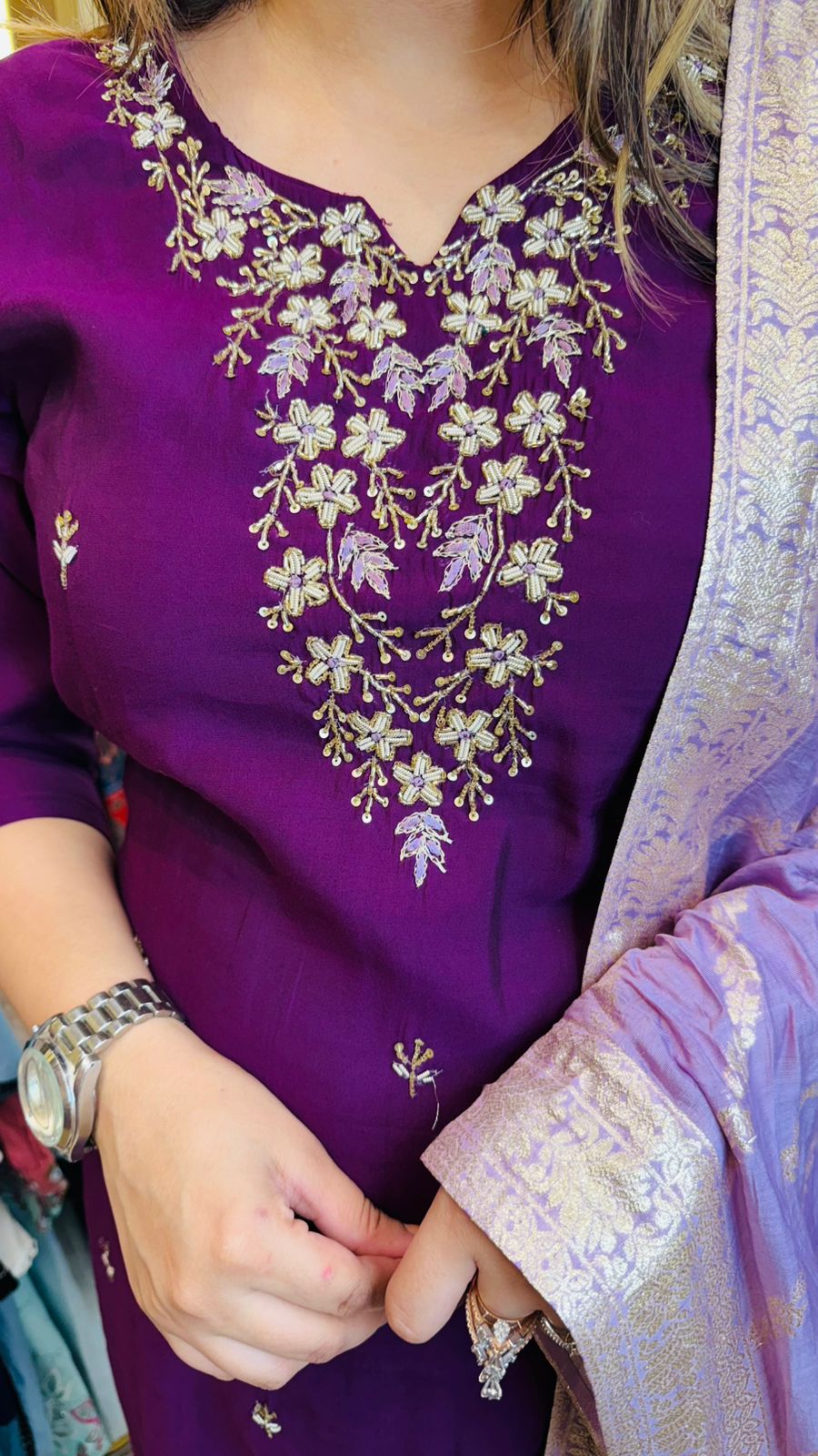 Ashika🧿 | Royal Purple Kurta Set with Golden Thread Embroidery & Dupatta