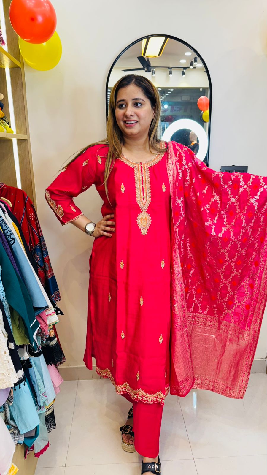 Rabya💖 | Crimson Gold-Embroidered Suit Set with Brocade Dupatta