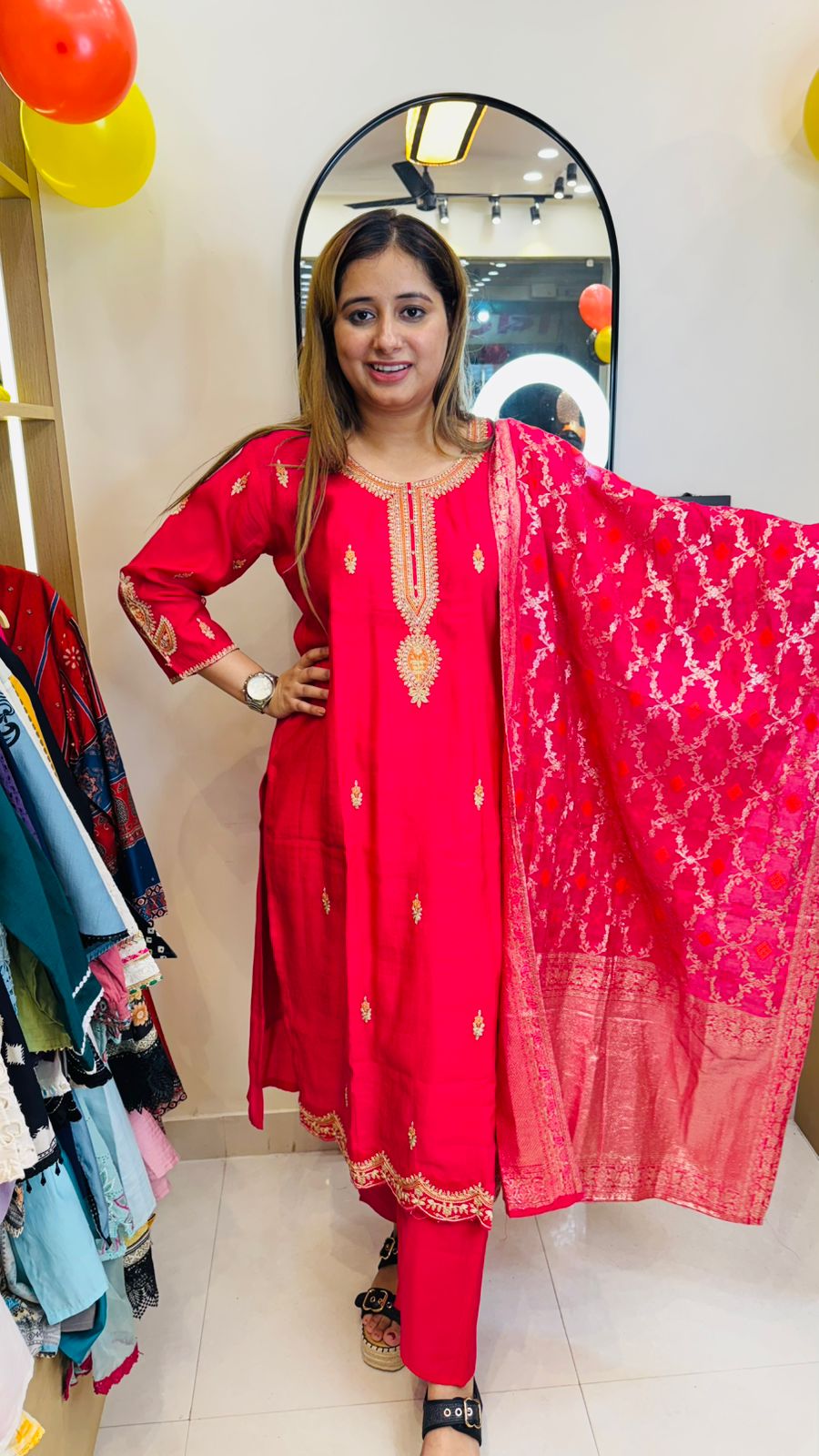 Rabya💖 | Crimson Gold-Embroidered Suit Set with Brocade Dupatta