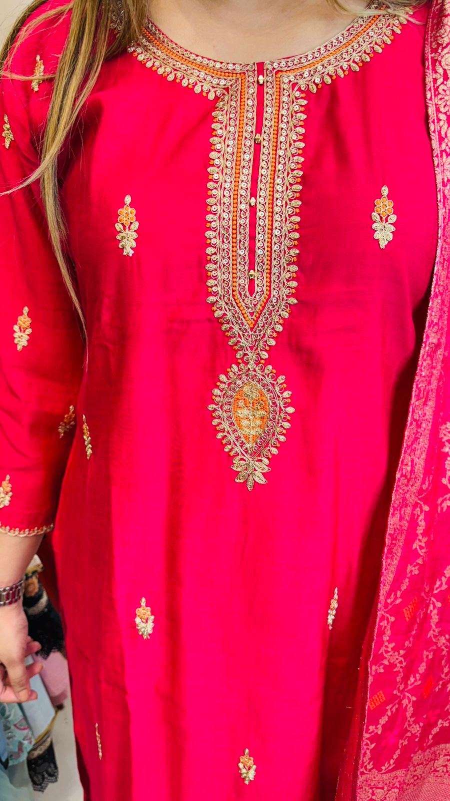 Rabya💖 | Crimson Gold-Embroidered Suit Set with Brocade Dupatta