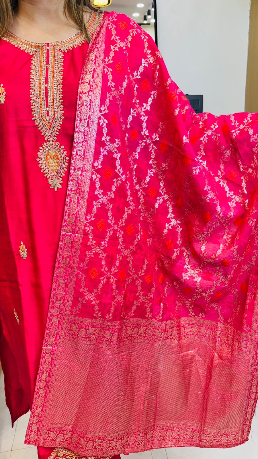 Rabya💖 | Crimson Gold-Embroidered Suit Set with Brocade Dupatta