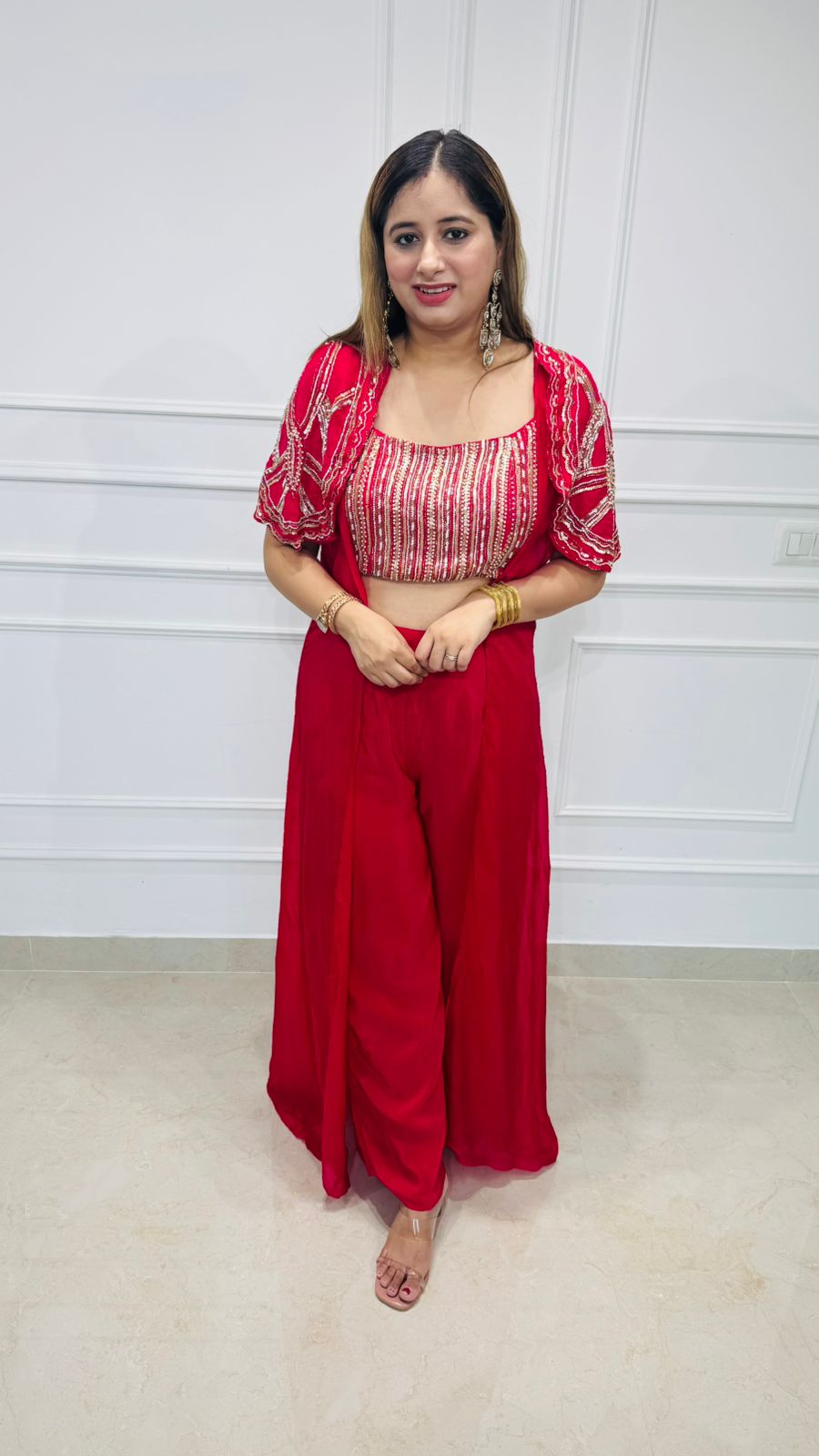 Shiny✨ | Scarlet Sequin Embroidered 3-Piece Coordset - Crop Top, Jacket & Palazzo