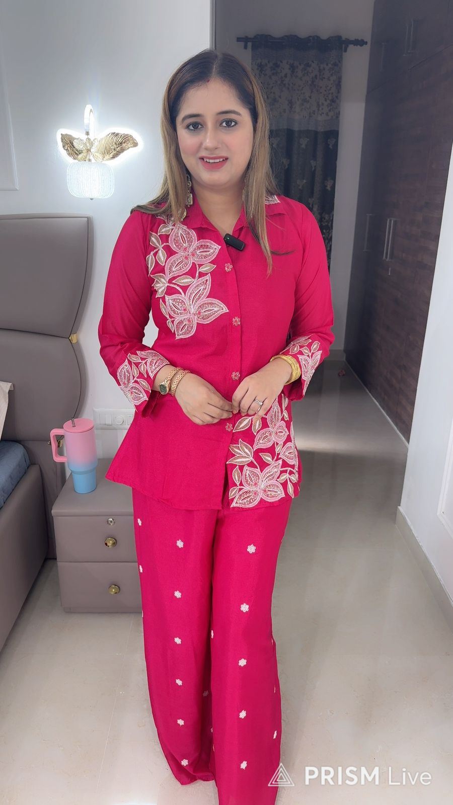 Brahmini🦋 | Rose Red Embroidered Leaf Shirt & Palazzo Set - Modern Ethnic Coord