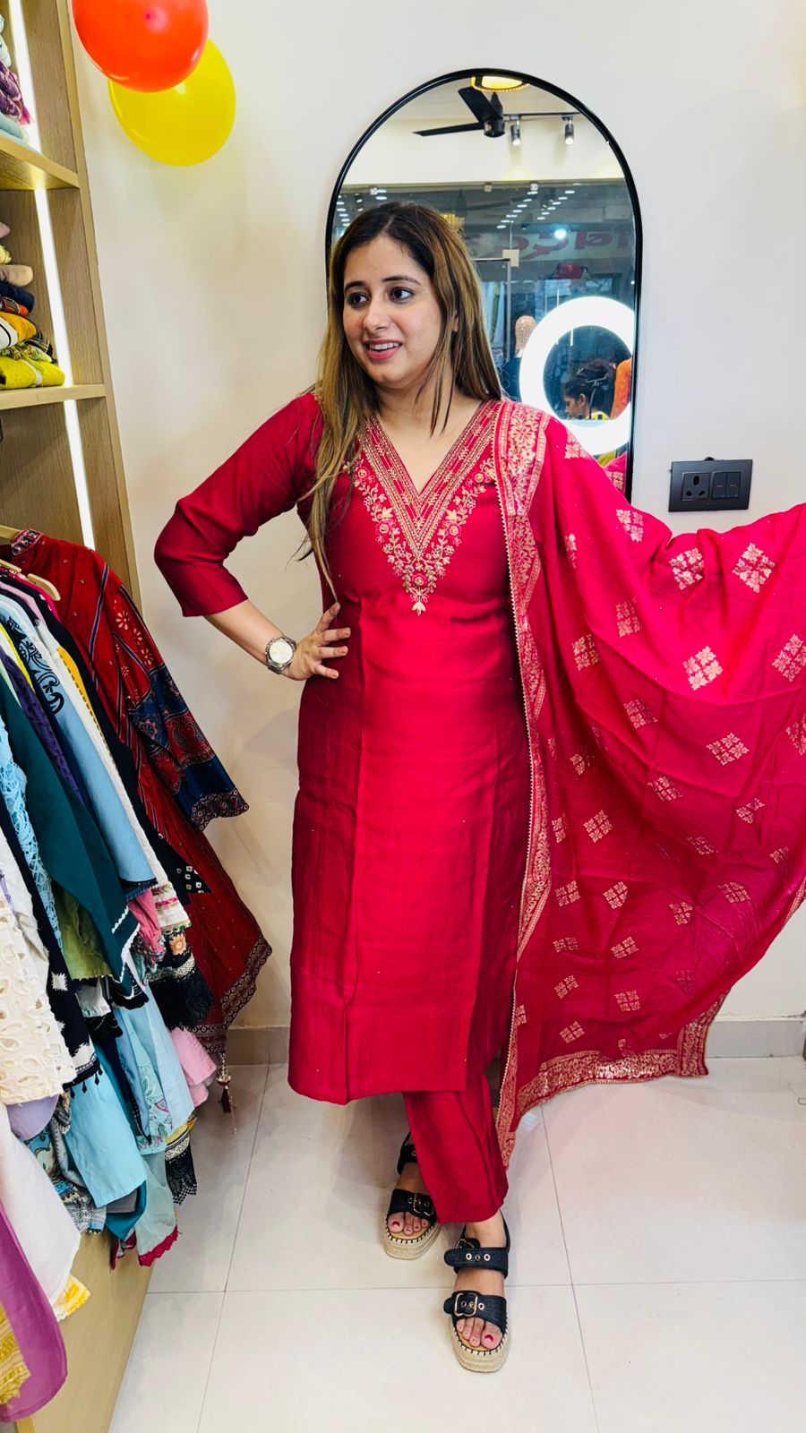 Kamakshi🌺 | Designer Red Kurta Set – Gold Embroidered Neck & Dupatta