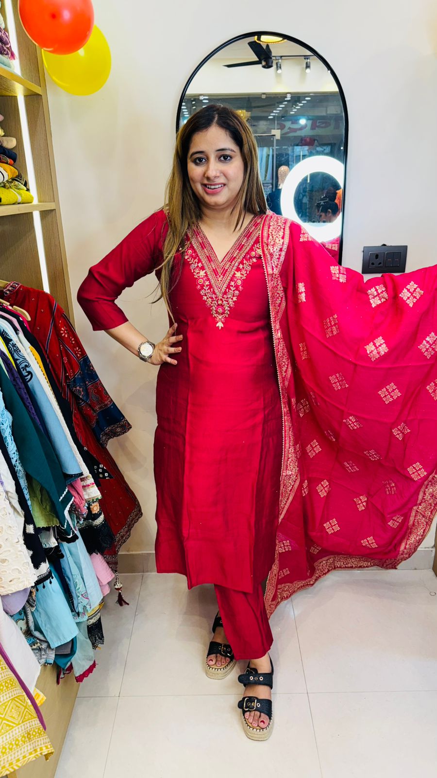 Kamakshi🌺 | Designer Red Kurta Set – Gold Embroidered Neck & Dupatta