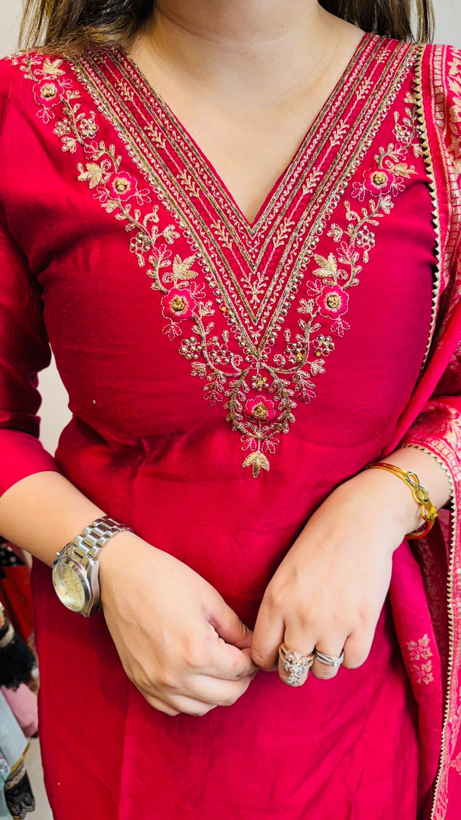 Kamakshi🌺 | Designer Red Kurta Set – Gold Embroidered Neck & Dupatta