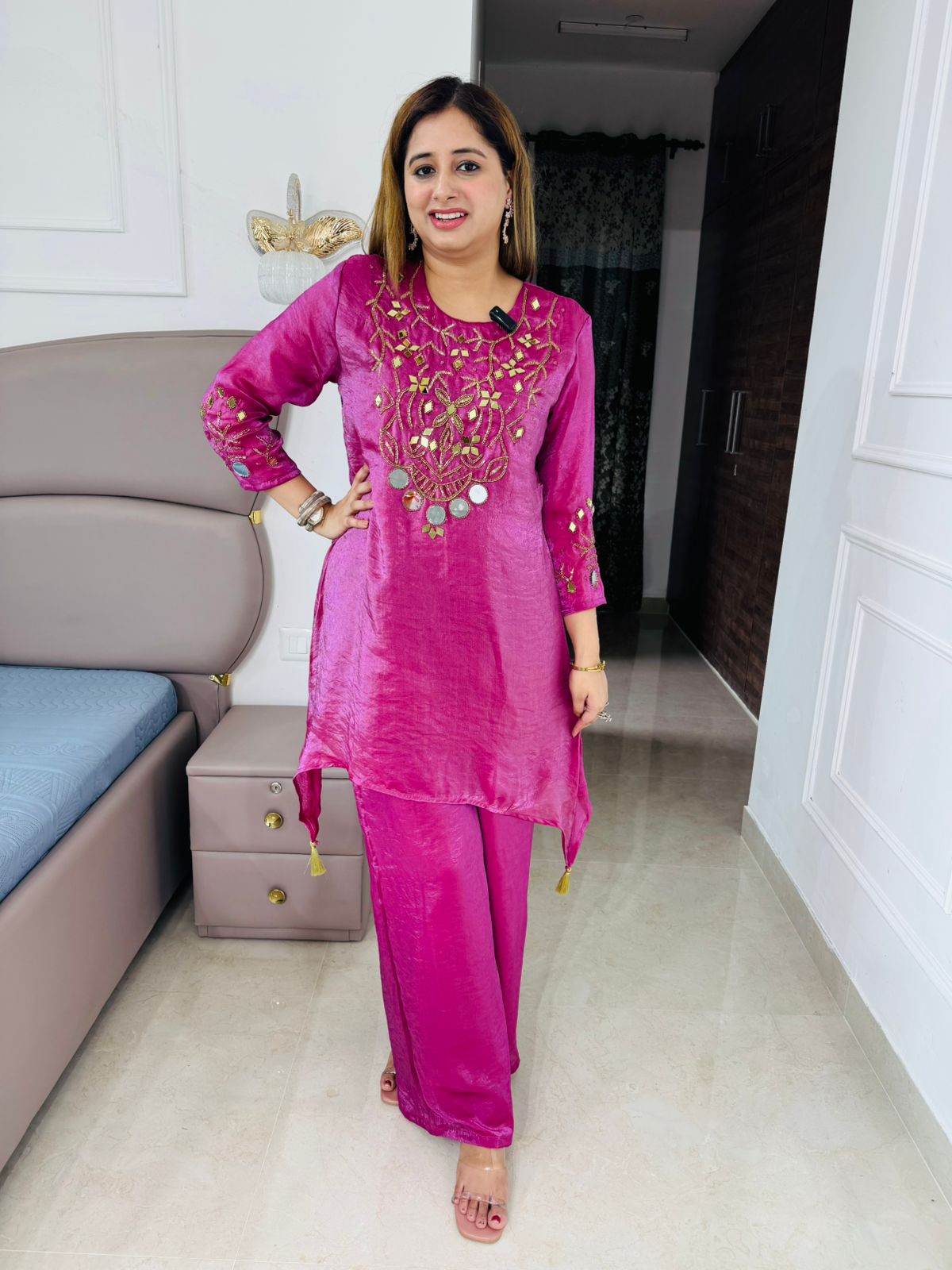 Junee🎀 | Vibrant Pink Embroidered Kurta with Palazzos - Premium Ethnic Coordset