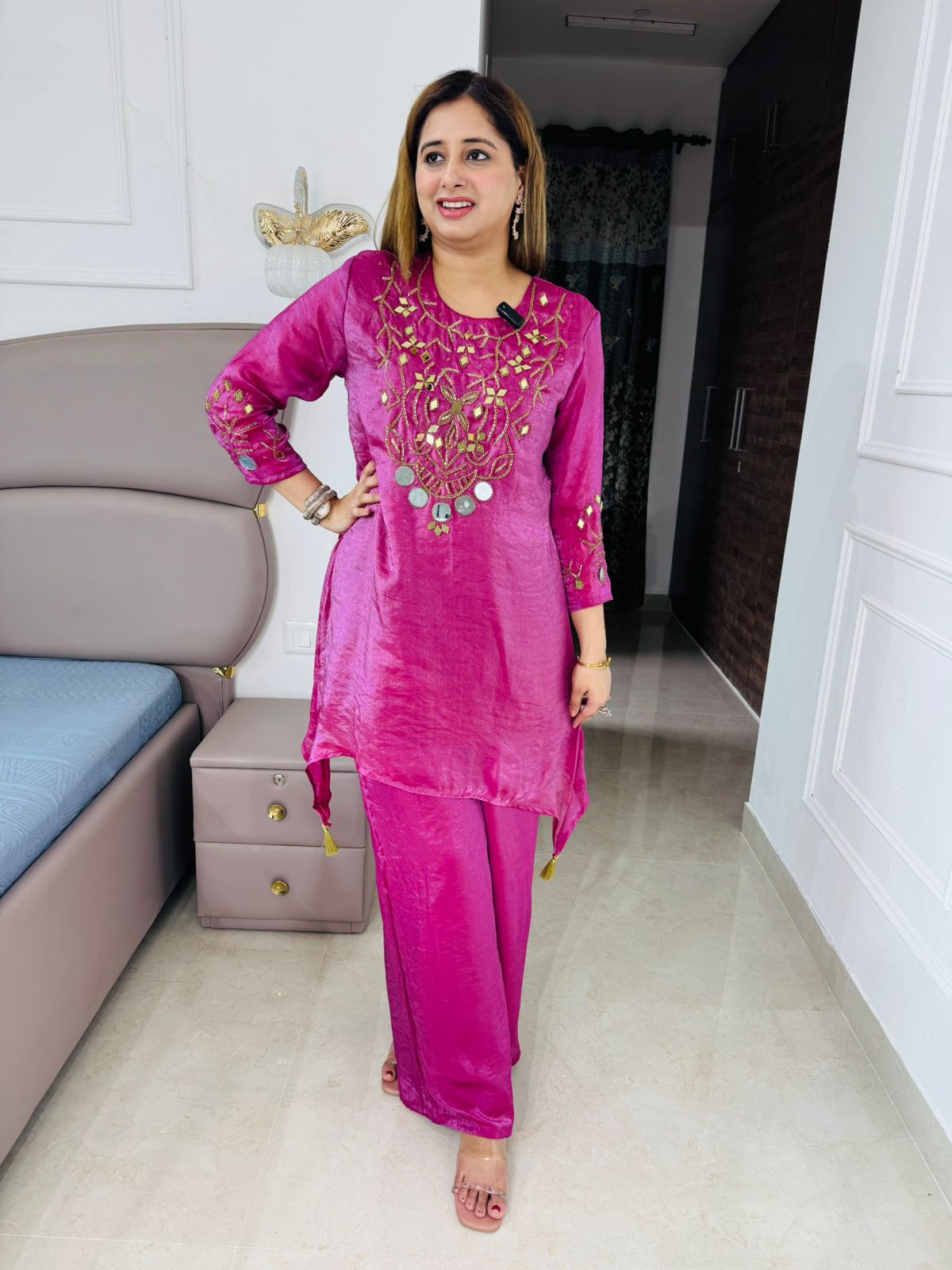 Junee🎀 | Vibrant Pink Embroidered Kurta with Palazzos - Premium Ethnic Coordset