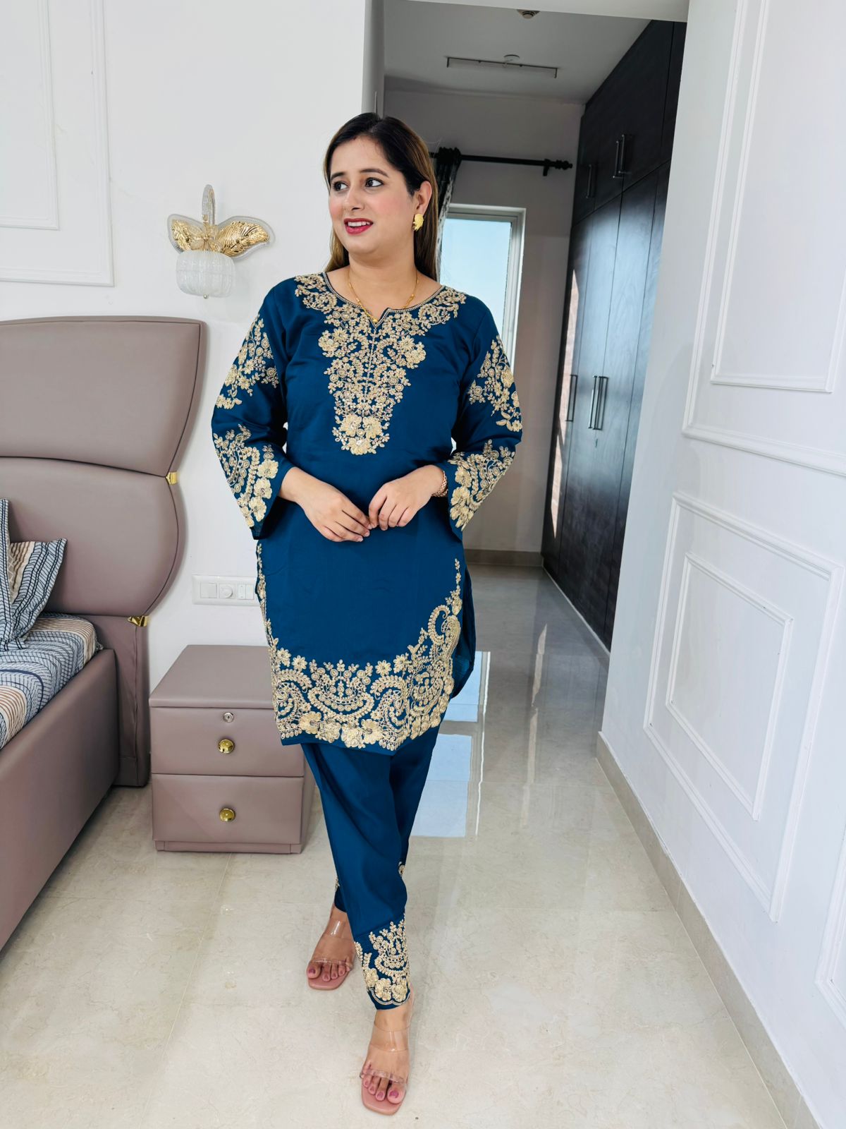Vasini💫 | Luxury Royal Blue Ethnic Suit Set – Gold Zari Kurta, Pants
