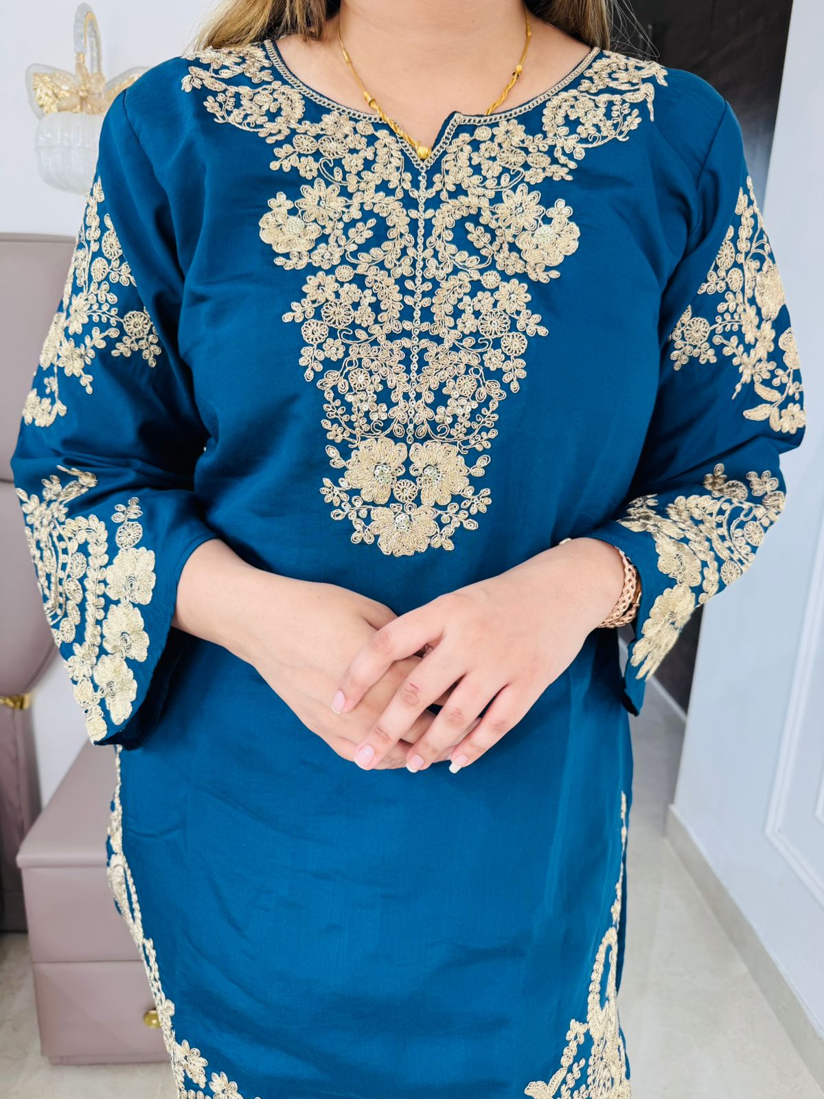 Vasini💫 | Luxury Royal Blue Ethnic Suit Set – Gold Zari Kurta, Pants