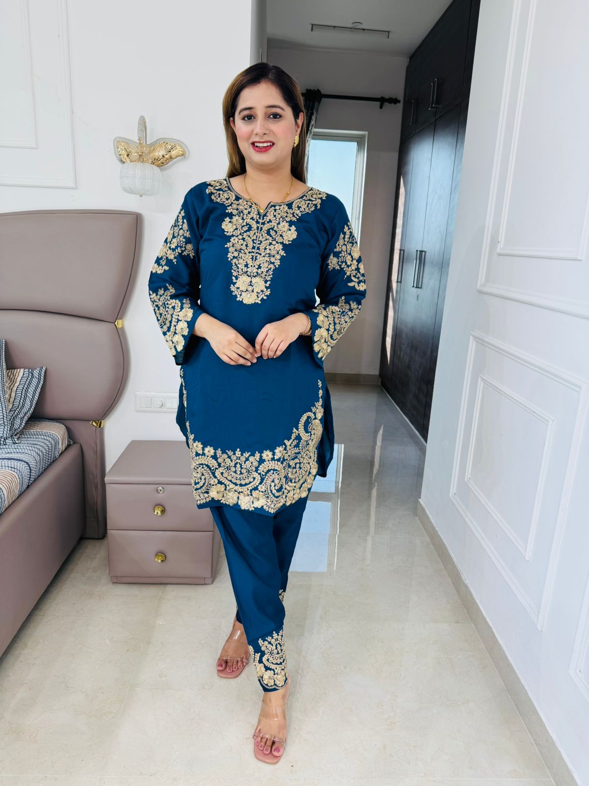 Vasini💫 | Luxury Royal Blue Ethnic Suit Set – Gold Zari Kurta, Pants